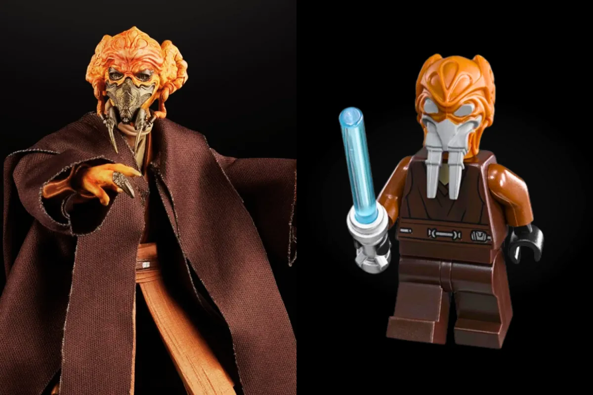 Side-by-side comparison of two Plo Koon collectibles: a highly detailed action Black Series figure on the left and a LEGO minifigure on the right. The action figure features intricate facial sculpting, fabric Jedi robes, and an outstretched hand, while the LEGO version showcases a simplified design with a molded headpiece and a blue lightsaber. Both figures highlight Plo Koon’s iconic look in different collectible formats.