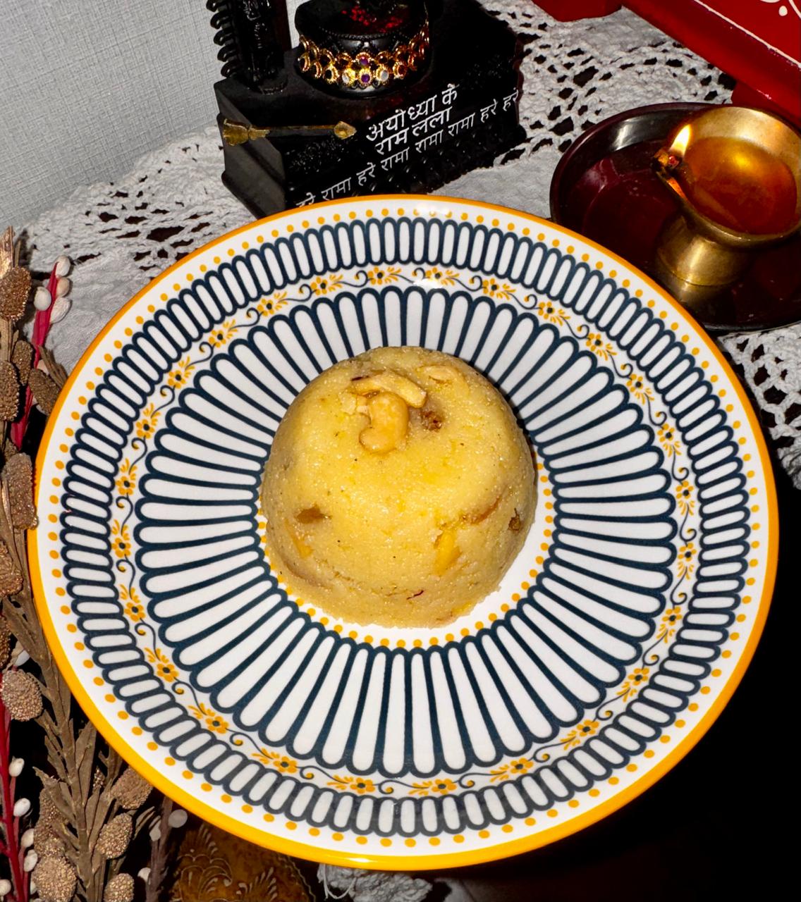 Banana Sheera served in a plate as an offering to Shri Ram