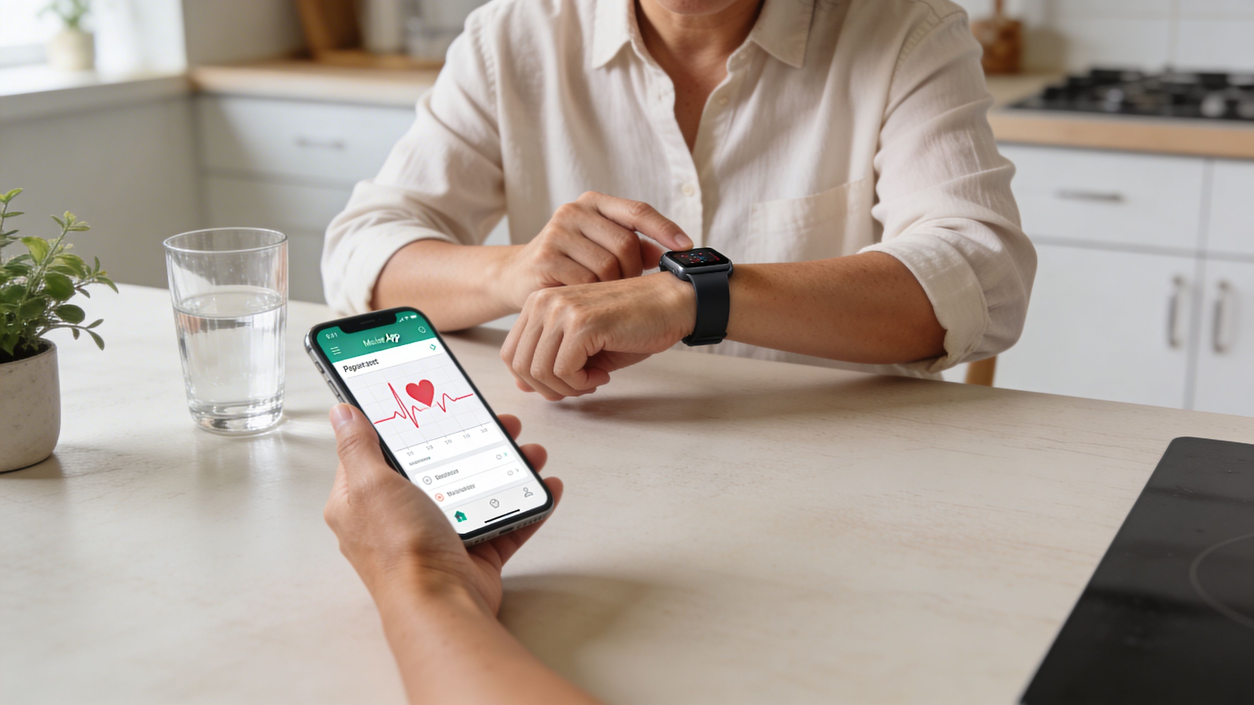 A person checking their heart rate on a smartwatch while reviewing health data on a mobile phone.