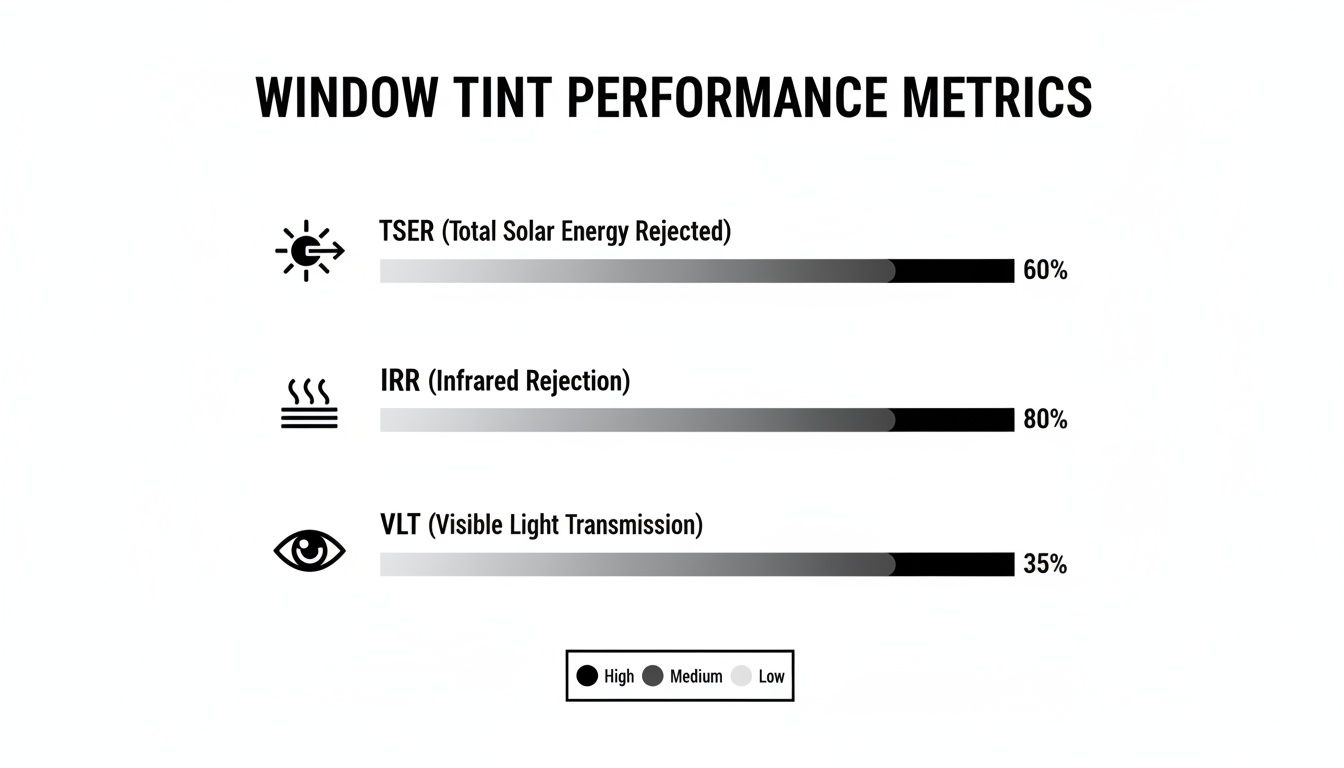 Infographic displaying window tint performance metrics: TSER 60%, IRR 80%, and VLT 35%.