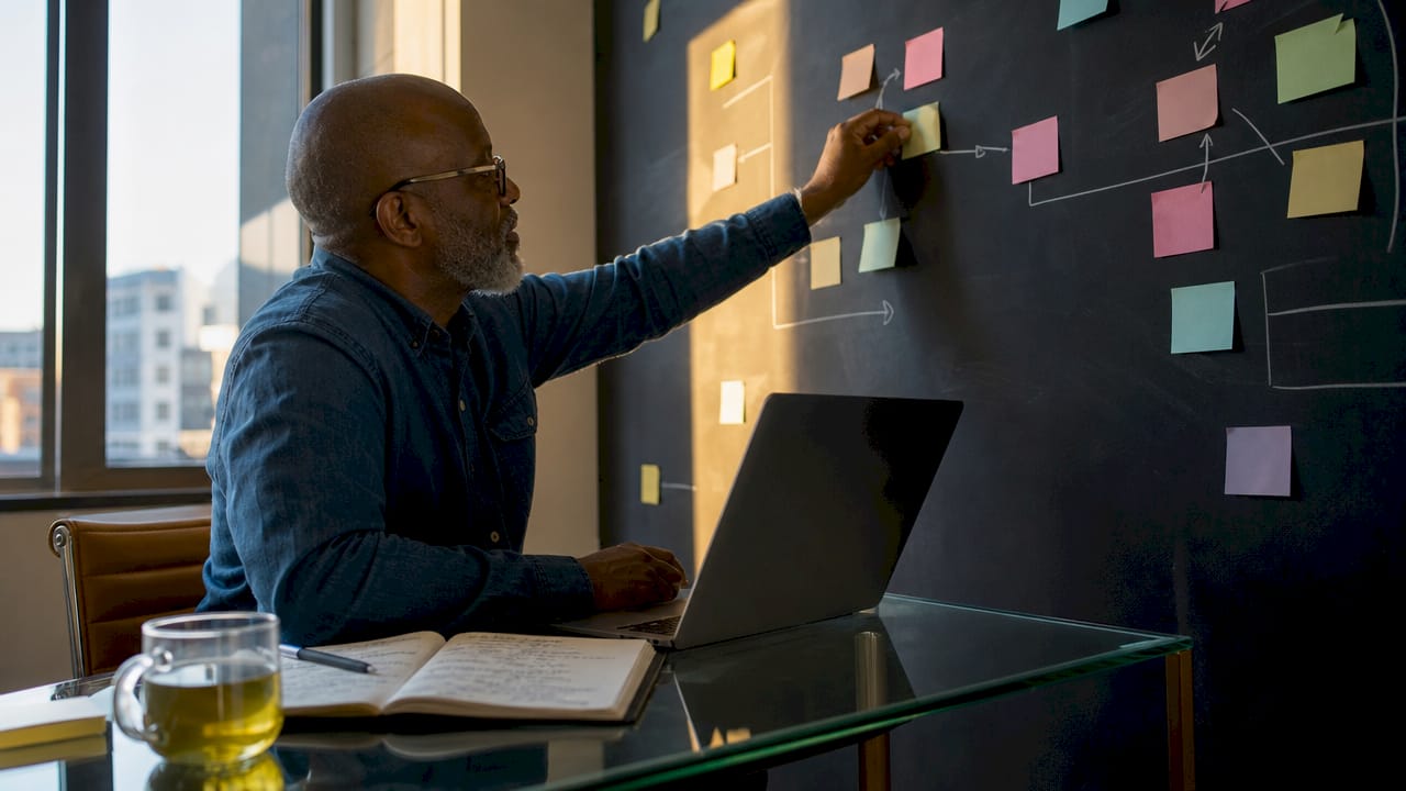 Man arranging lead generation workflow on whiteboard