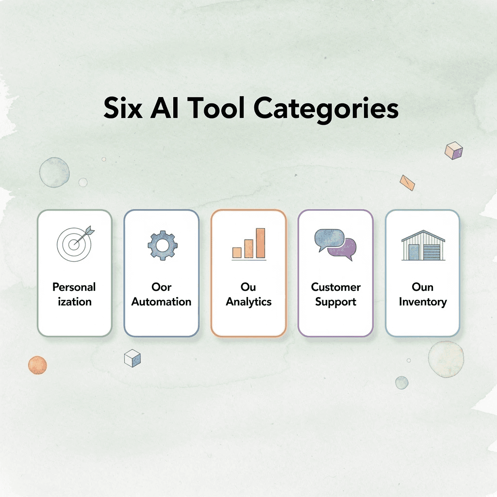 Infographic showing six ecommerce AI tool categories including personalization, automation, analytics, customer support, and inventory