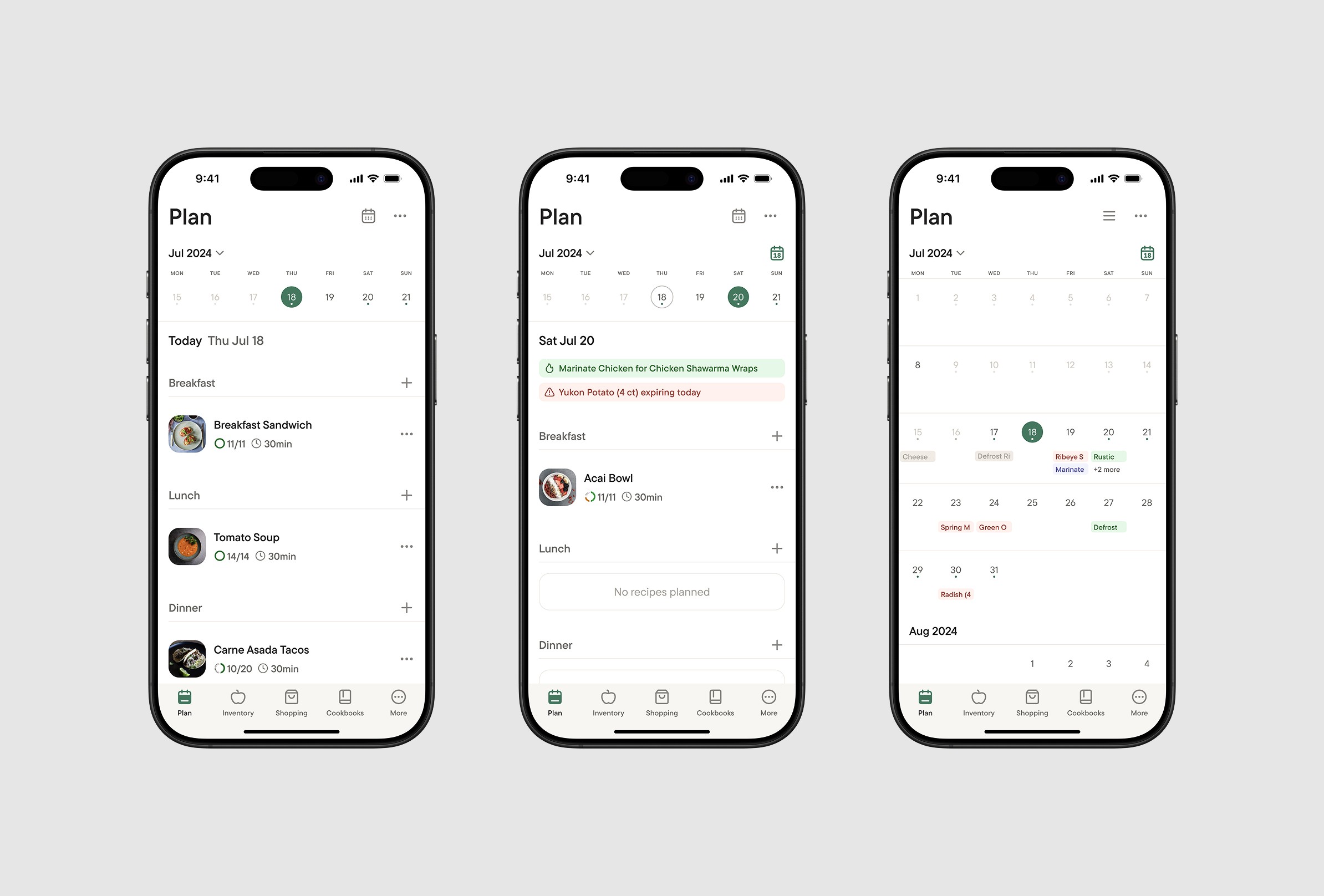 Plan screens (Today (default), and Tomorrow).