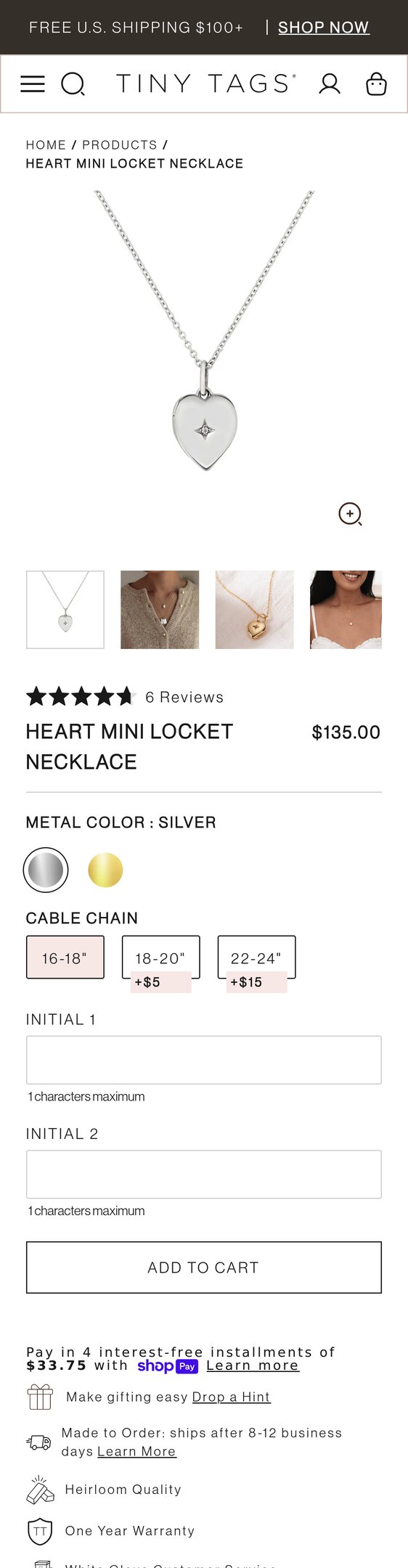Jewelry product options include: necklace, chain for Heart Mini Locket Necklace from Tiny Tags.