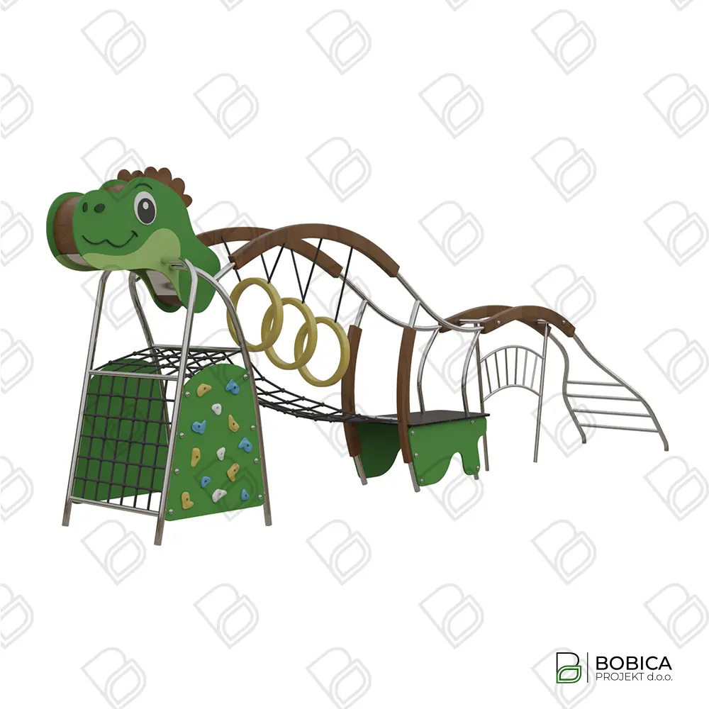 Velika dječja penjalica u obliku dinosaura s užadnim mrežama i drvenom konstrukcijom za javna igrališta - BOBICA PROJEKT