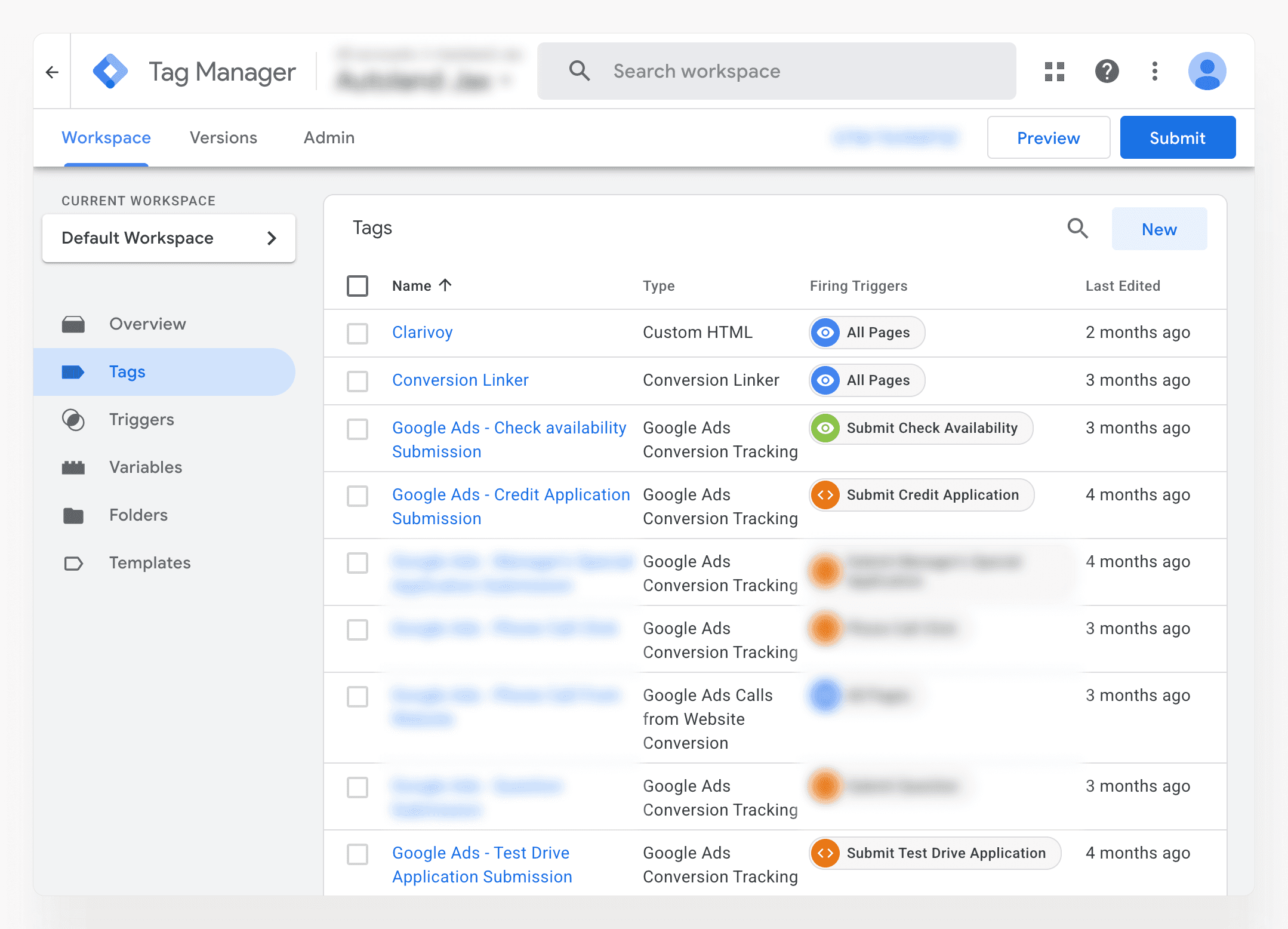 Screenshot of Google Tag Manager with the Tags tab open, showing a list of tags, their types, and trigger conditions.