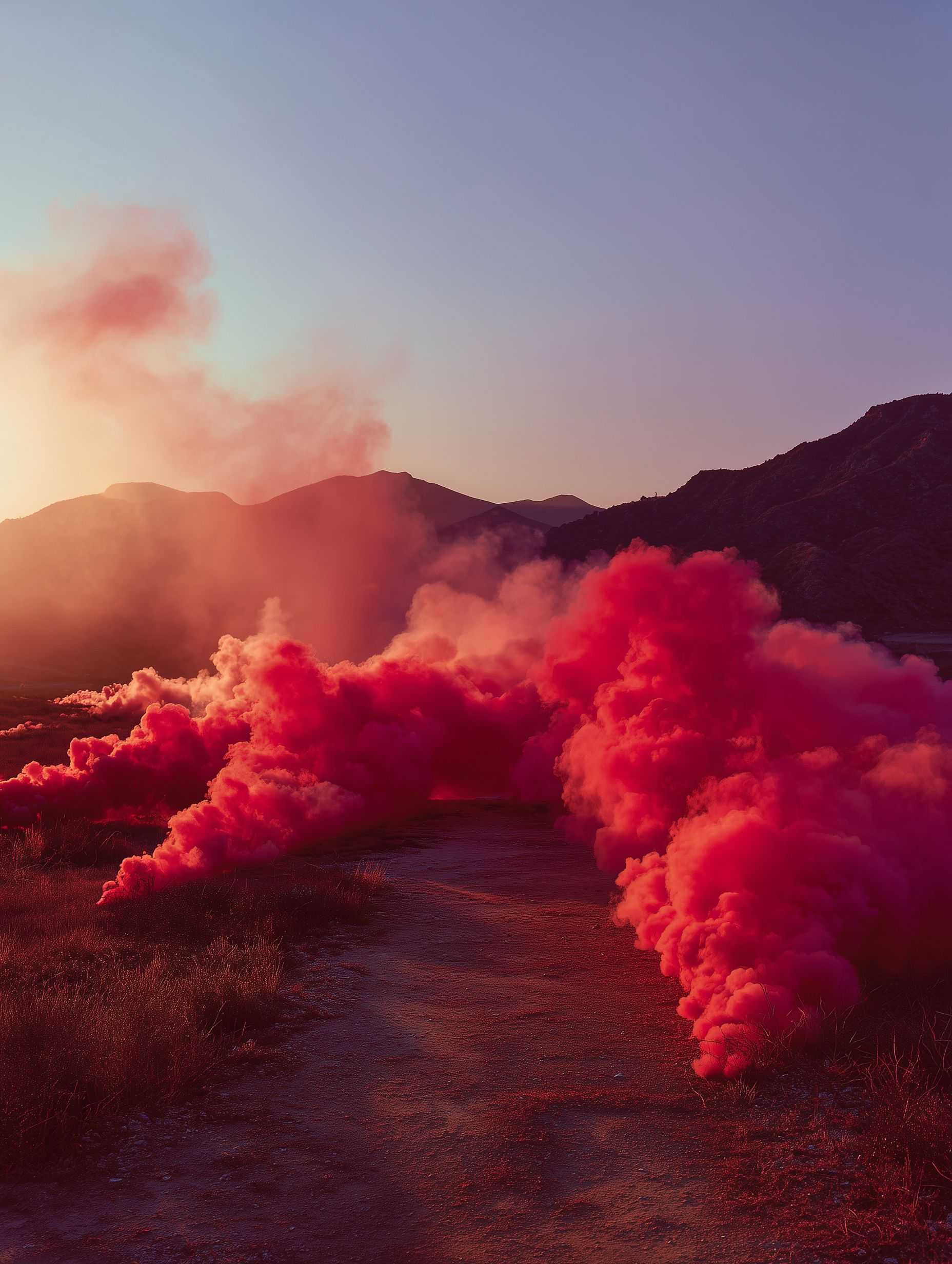 Red smoke clouds with golden sunset lighting in valley