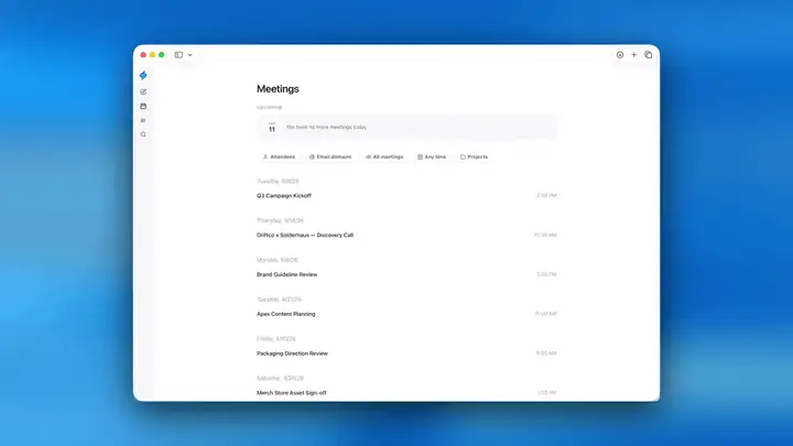 Meetings list in Supernormal with filters for Attendees, Email domains, Meeting type, Date range, and Projects