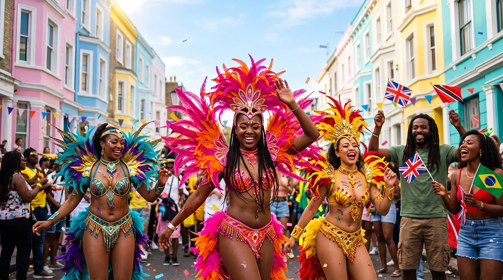 Notting Hill Carnival dancers in colourful feather costumes with Union Jack Trinidad and Brazil flags London