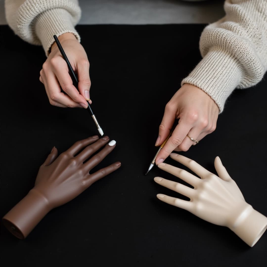 eine frau malt die fingernägel von einer puppe an