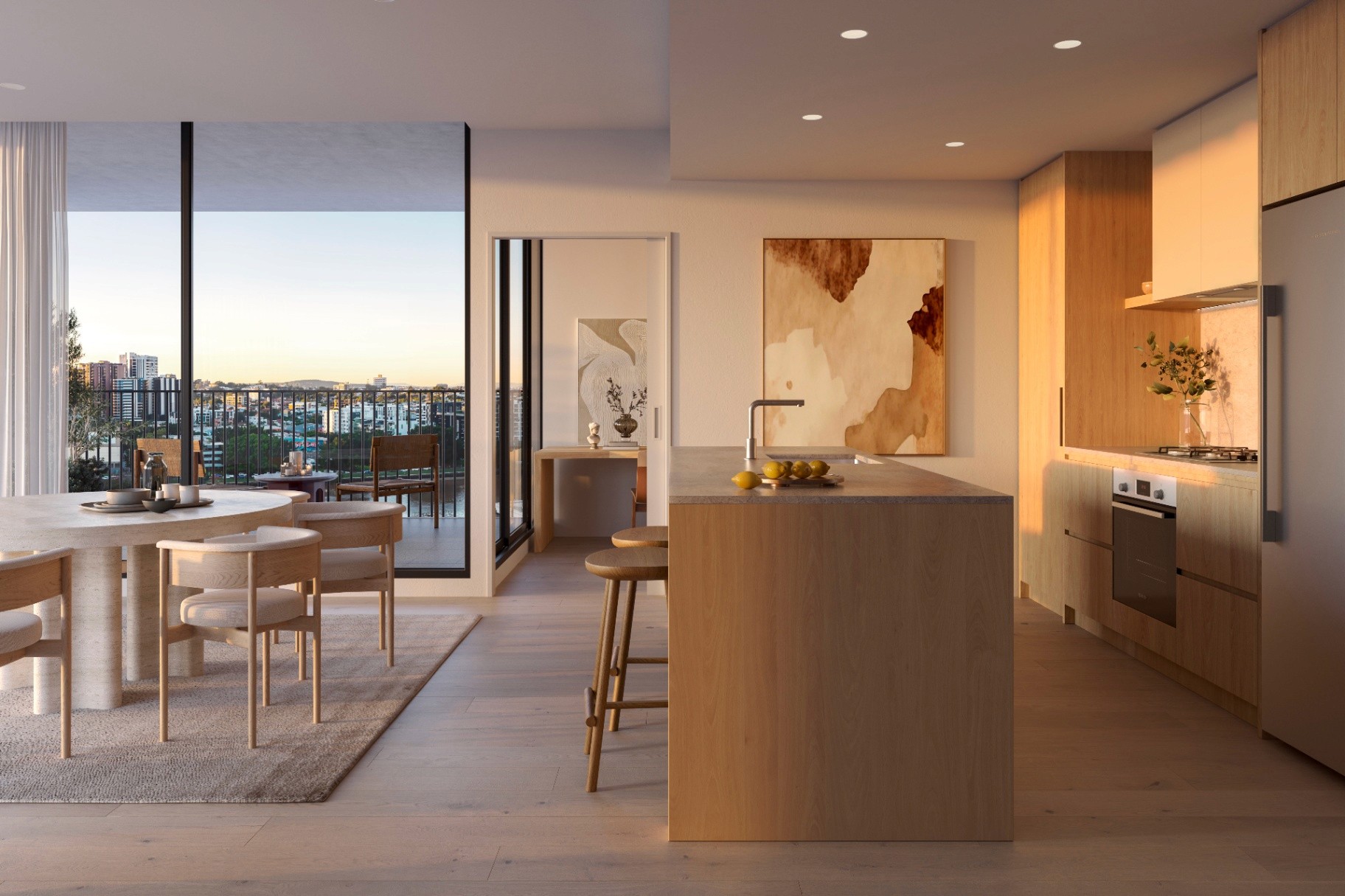 Contemporary apartment kitchen and dining at Quartet Milton with natural light, modern finishes and open-plan living Brisbane