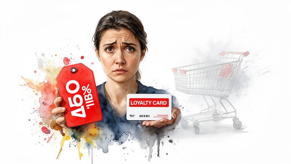 A concerned woman holds a red discount tag and a loyalty card, with a faded shopping cart.