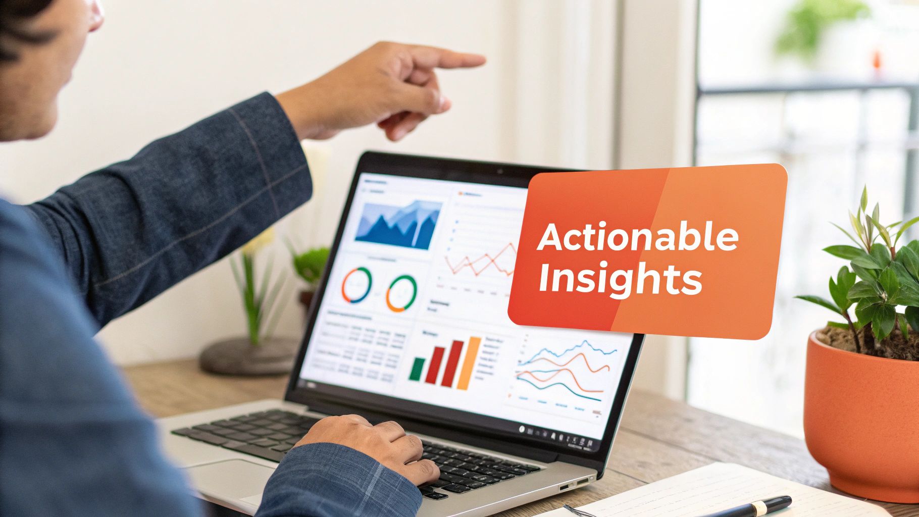 A person points at a laptop screen displaying data dashboards and charts with