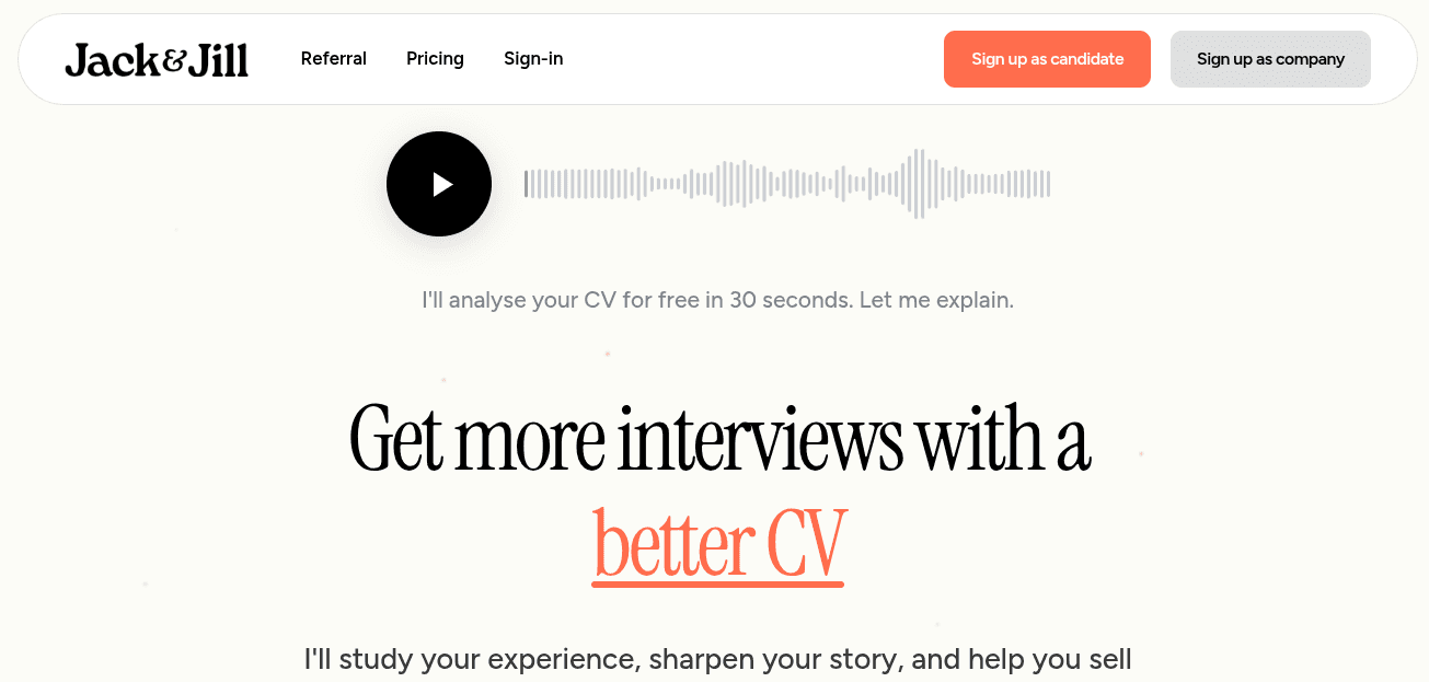 Jack and Jill homepage offering a free CV analysis in 30 seconds to help you get more interviews