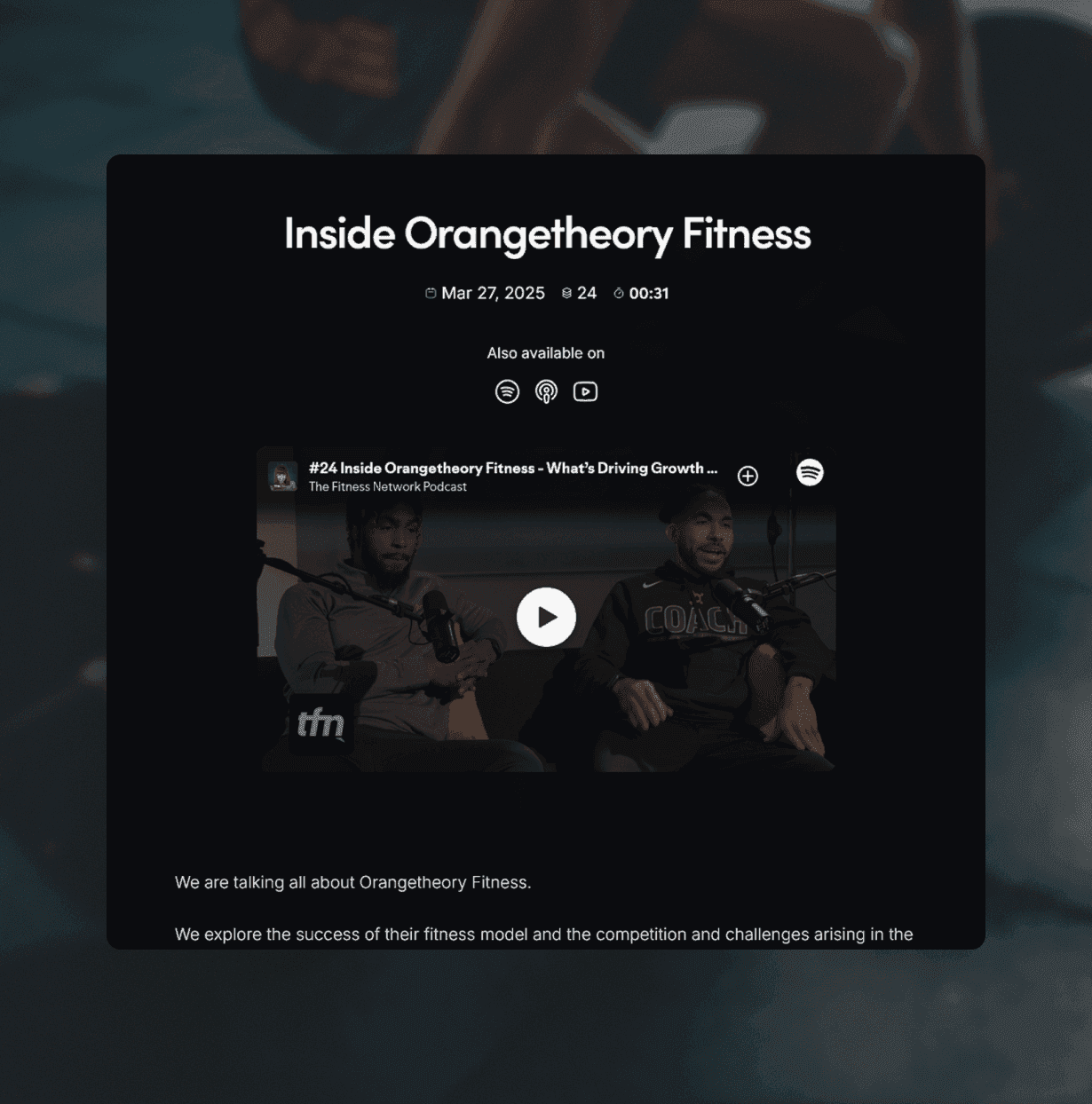 The Fitness Network podcast listing page titled "Game-changing voices" showing episode thumbnails with guest headshots
