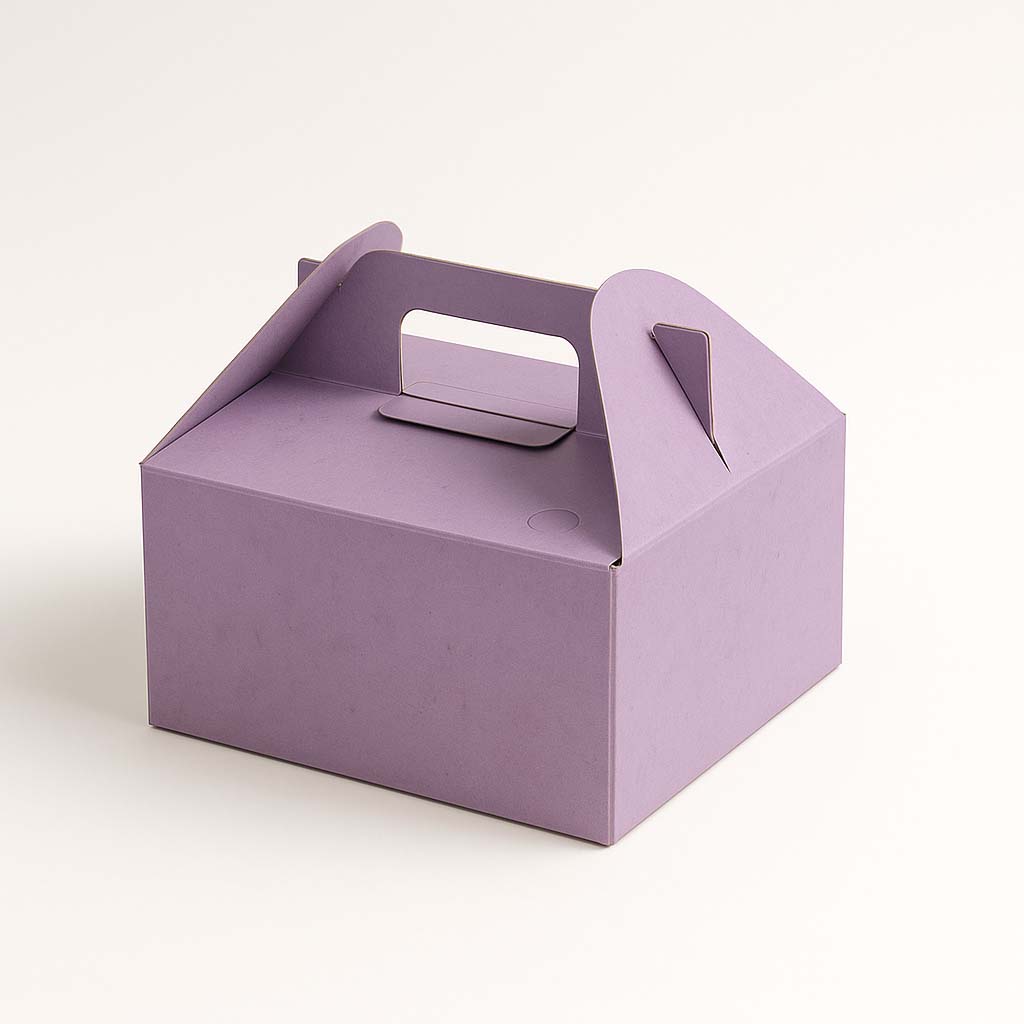 Tall purple handheld pastry box with secure locking mechanism for layered cakes.
