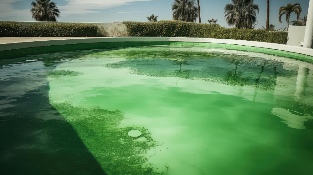 Green, algae-filled swimming pool before treatment, with surrounding garden in the background.