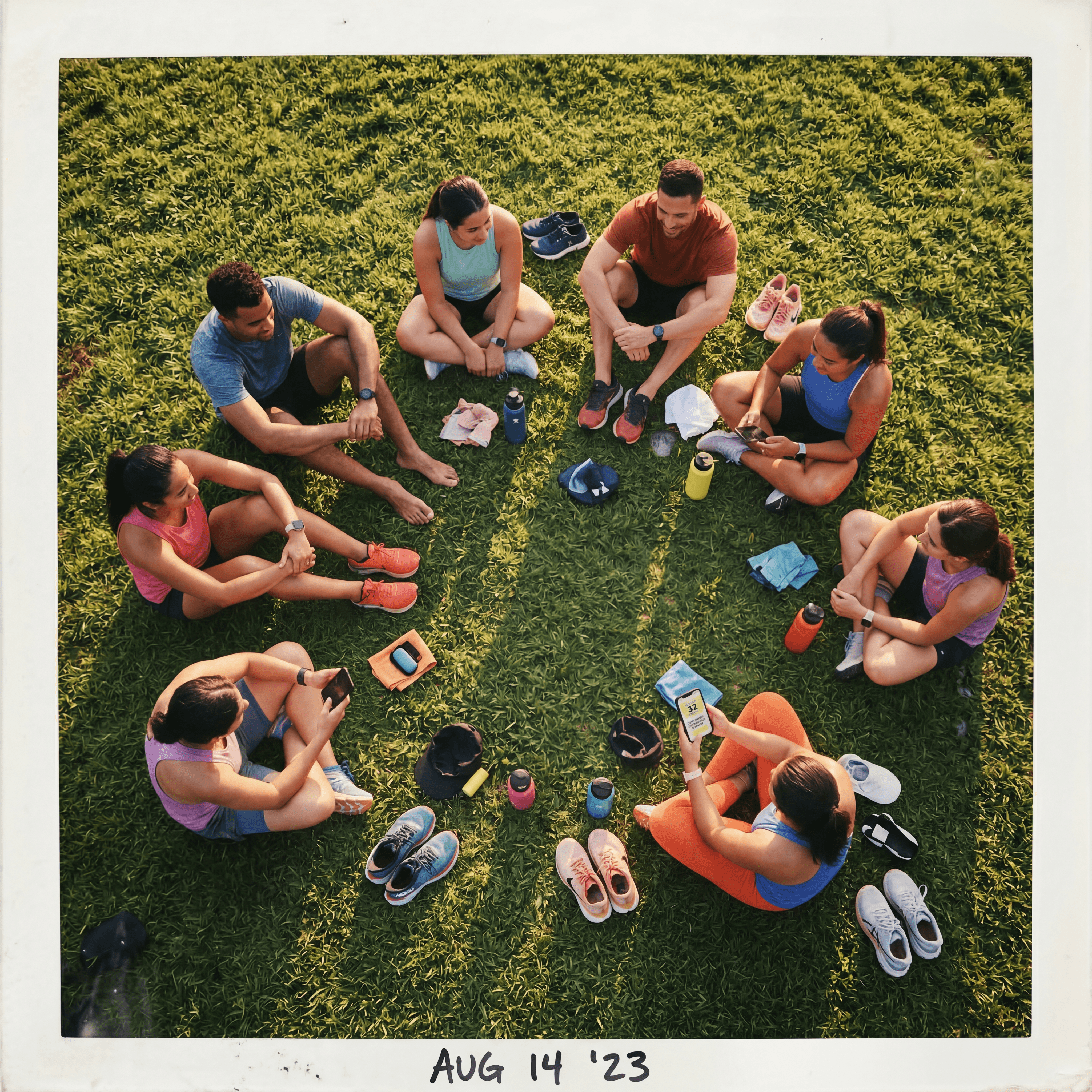 Woman sitting in sunlight with eyes closed, wearing relaxed neutral clothing in a peaceful setting.