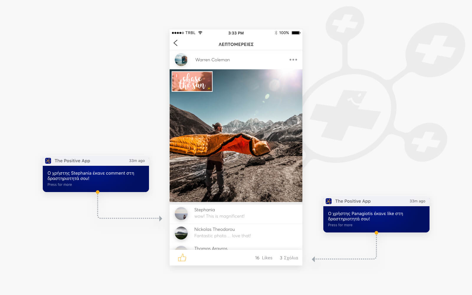 The Positive App showing photo details with community likes and comments
