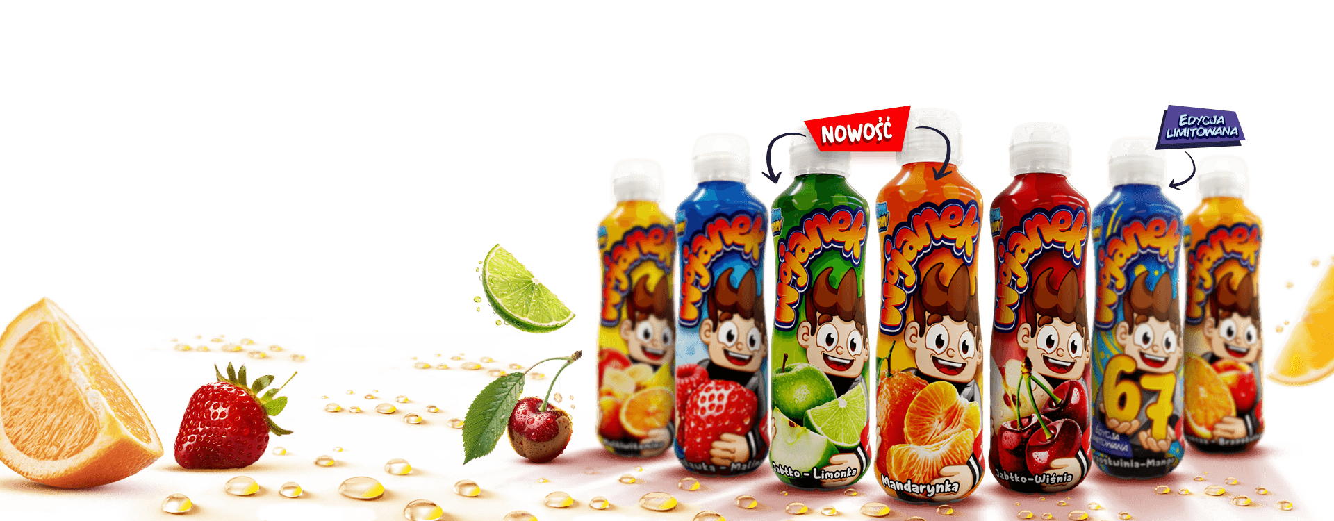 Wojanek – napój owocowy w butelkach, smaki: mandarynka, jabłko-limonka, jabłko-wiśnia, pomarańcza-mango, multiwitamina, truskawka-malina, pomarańcza-brzoskwinia