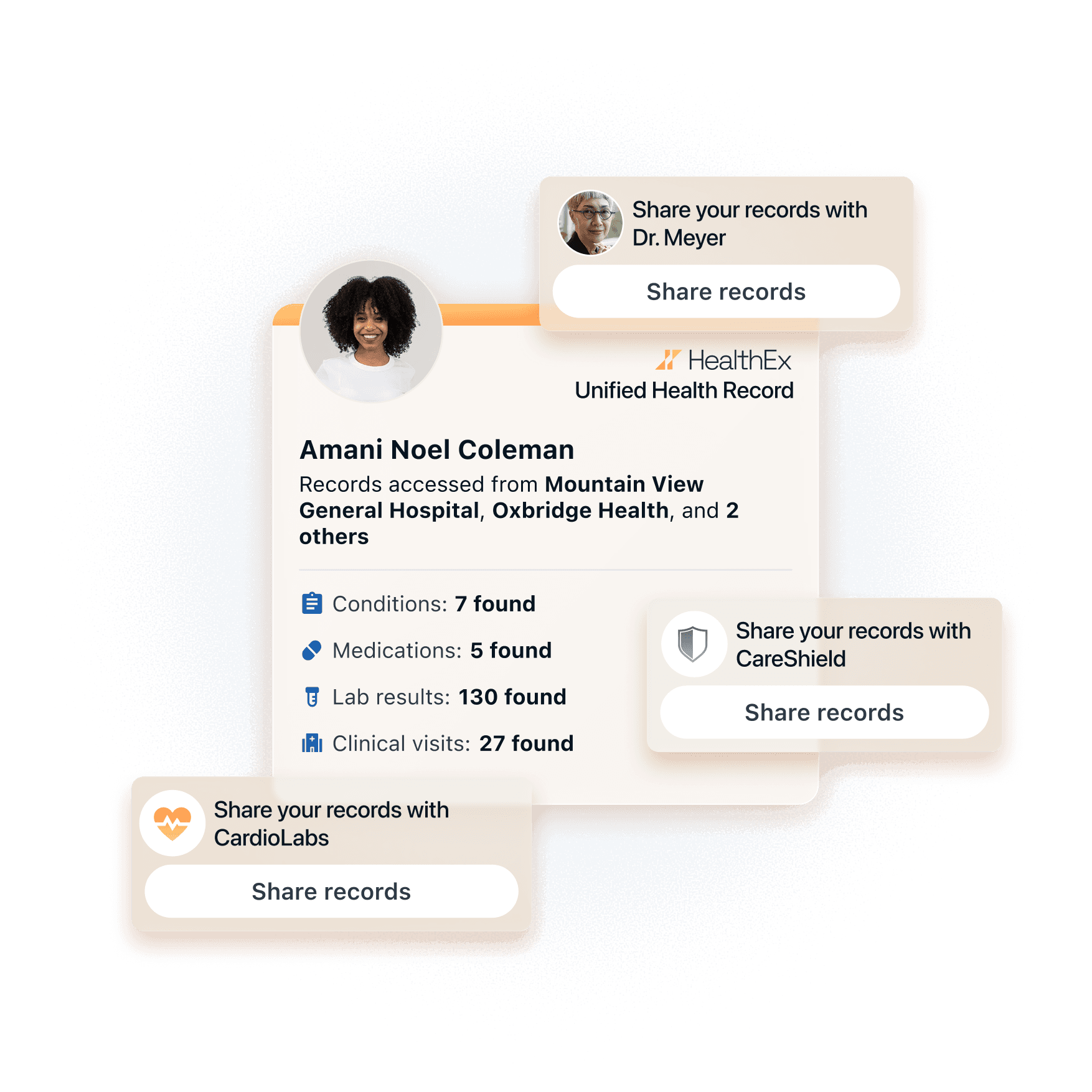 Illustration of a the experience of a user accessing their HealthEx Unified Record.