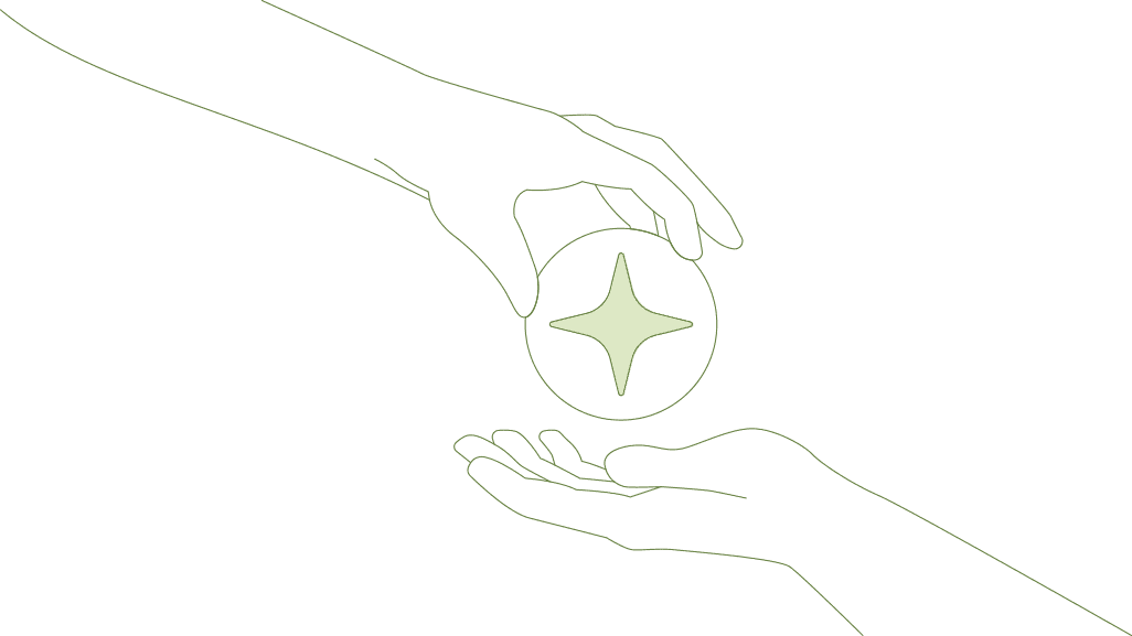 Minimalist line art illustration representing support for high-stakes executive moments, showing hands carefully passing a sphere with a star.