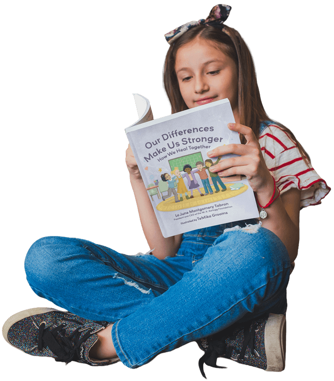 Child reading a book, symbolizing imagination