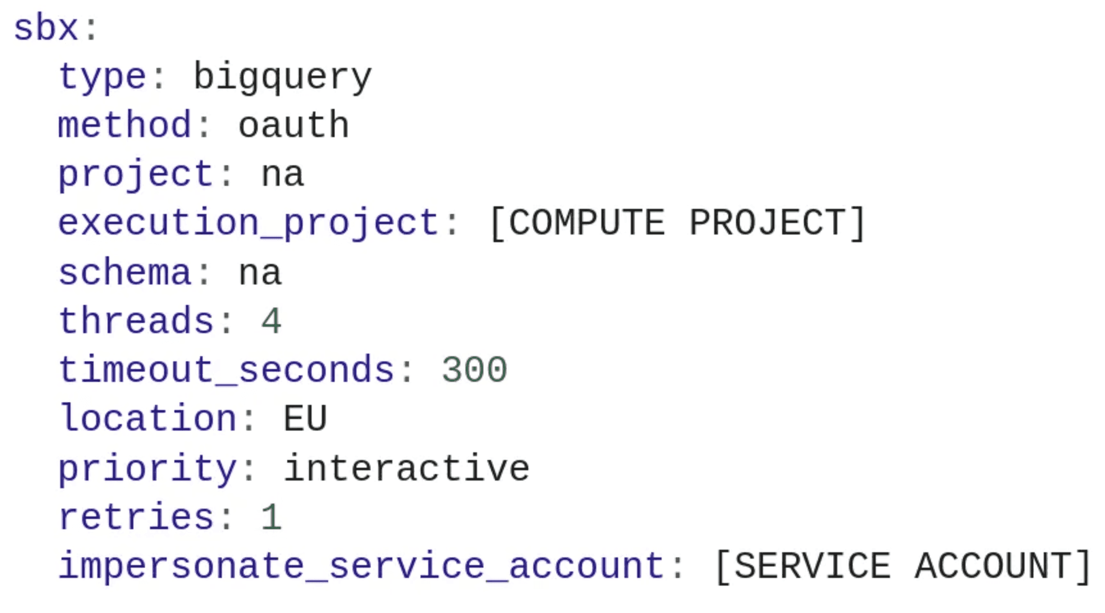  A configuration snippet for BigQuery in YAML format, specifying connection settings such as OAuth method, execution project, thread count, timeout, data location in the EU, query priority, number of retries, and service account impersonation.