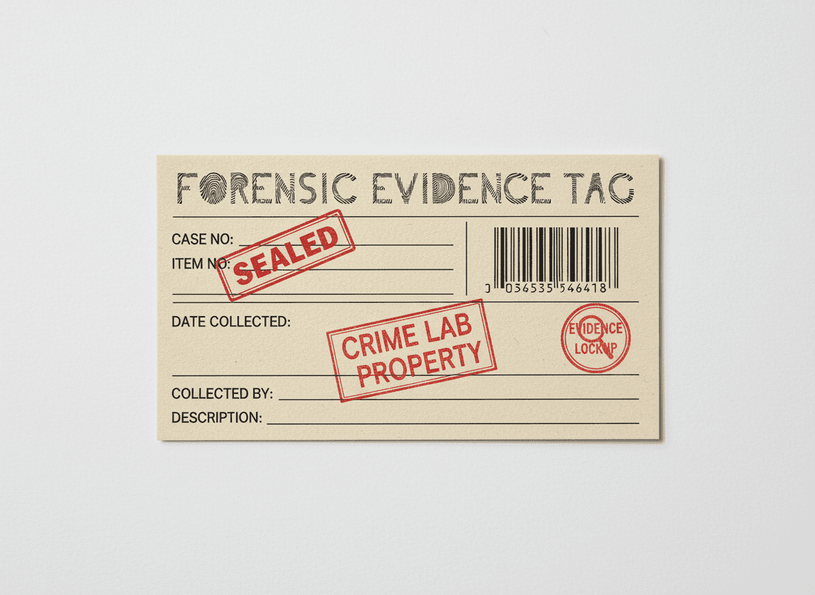 A beige card with red stamps and markings, labeled "Postcard Exchange" with various text and a barcode.