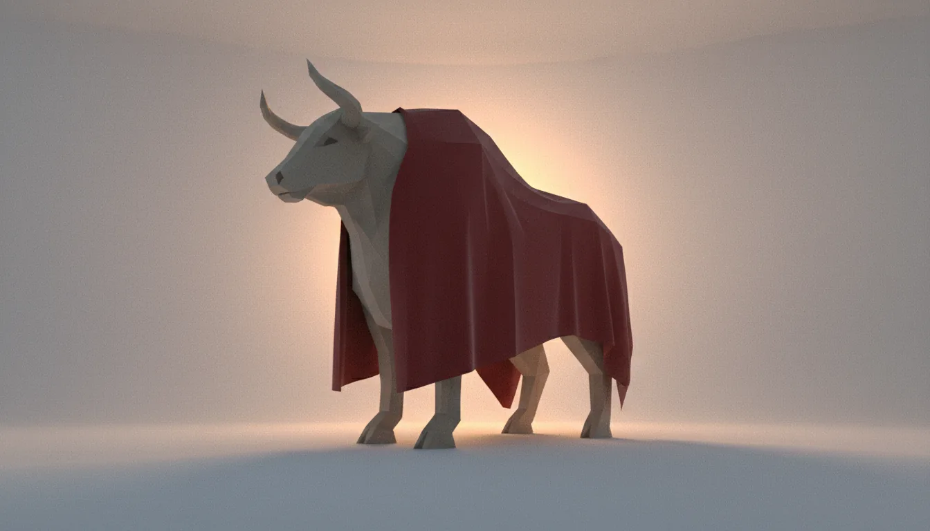A low-poly 3D render of a stylized, blocky bull-like creature in the style of Blender software. The scene features the creature from a low-angle, three-quarters rear perspective, draped in a dark red cloth. The entire image is characterized by heavy, uniform digital noise and a grainy texture, as if rendered without a denoiser. Lighting is a strong, warm backlight creating a soft glow against a simple studio backdrop, casting soft, grainy shadows on the ground plane.