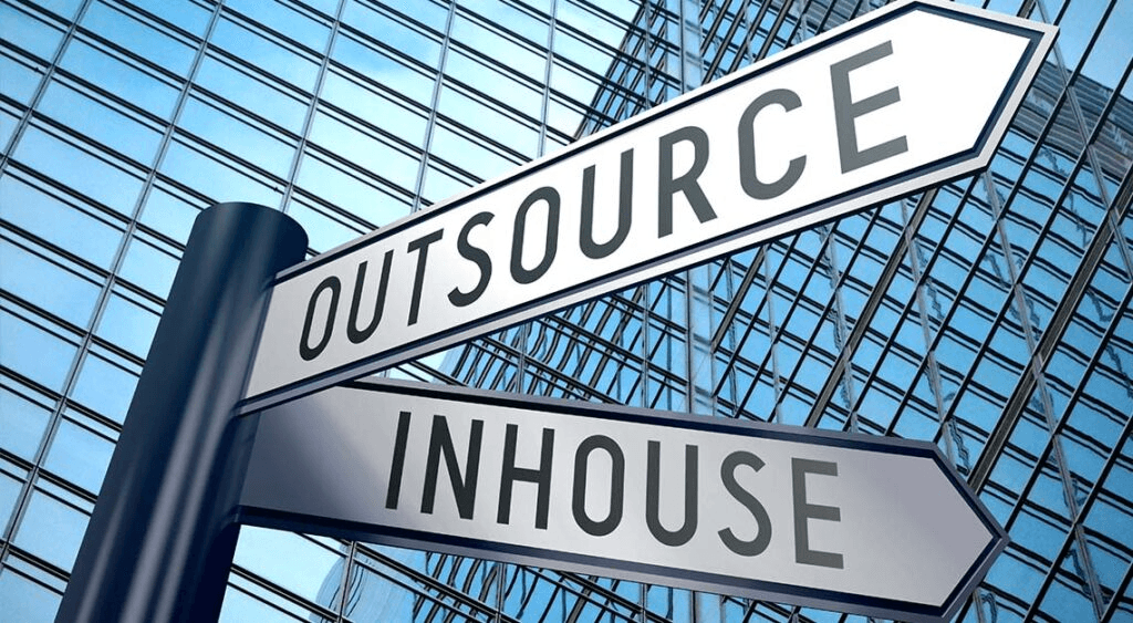 Street sign that points Outsource or Inhouse as directions