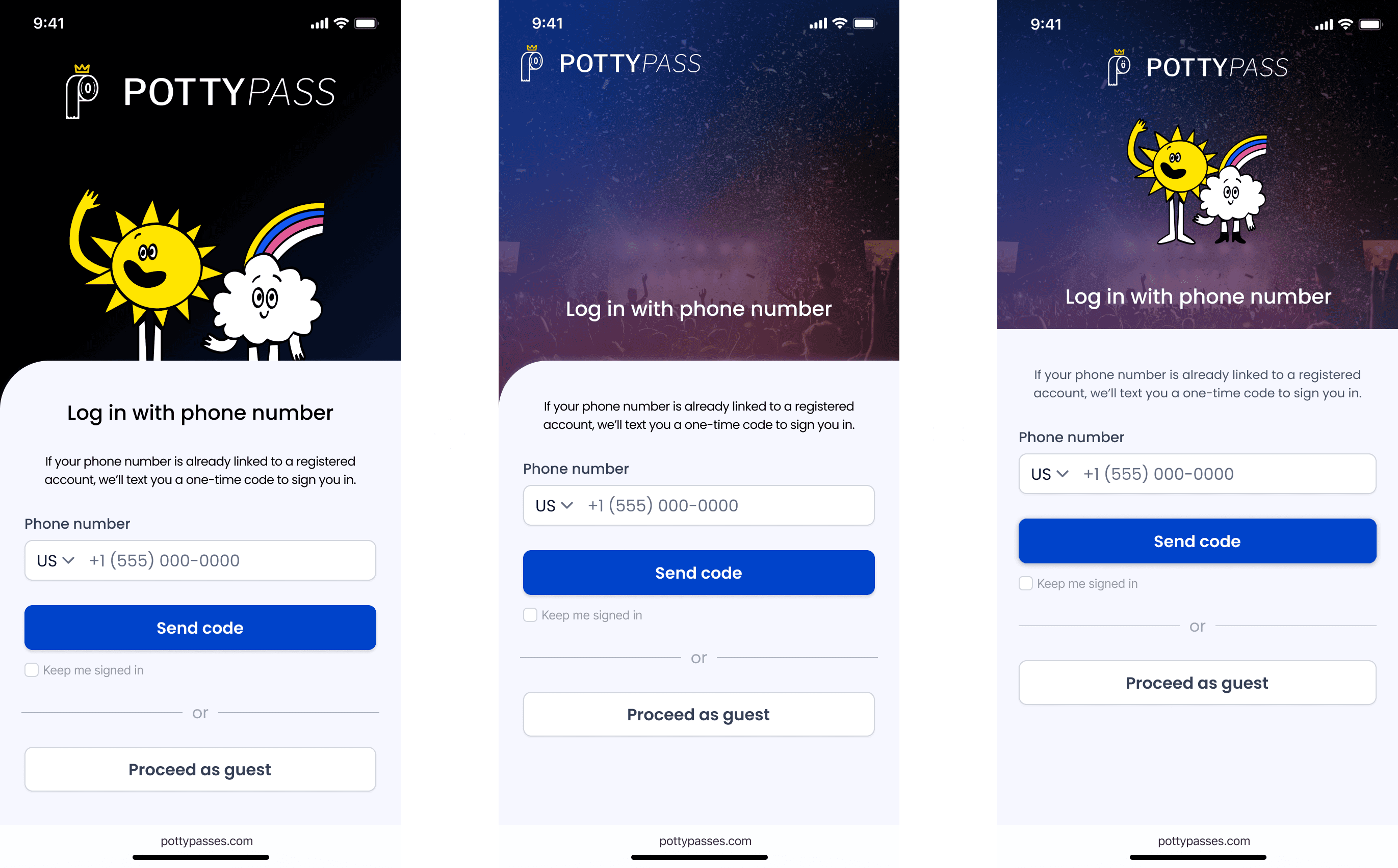 The final Potty Pass login screen, shown on the right