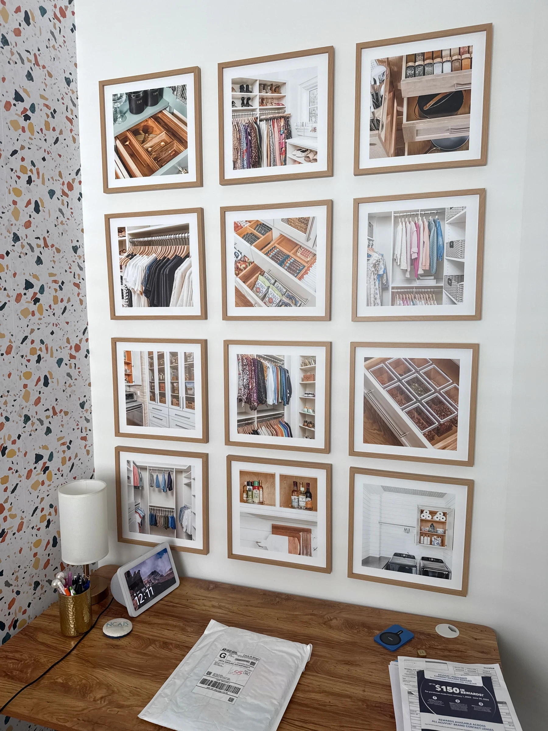 Twelve framed architectural photographs arranged in a precise grid.