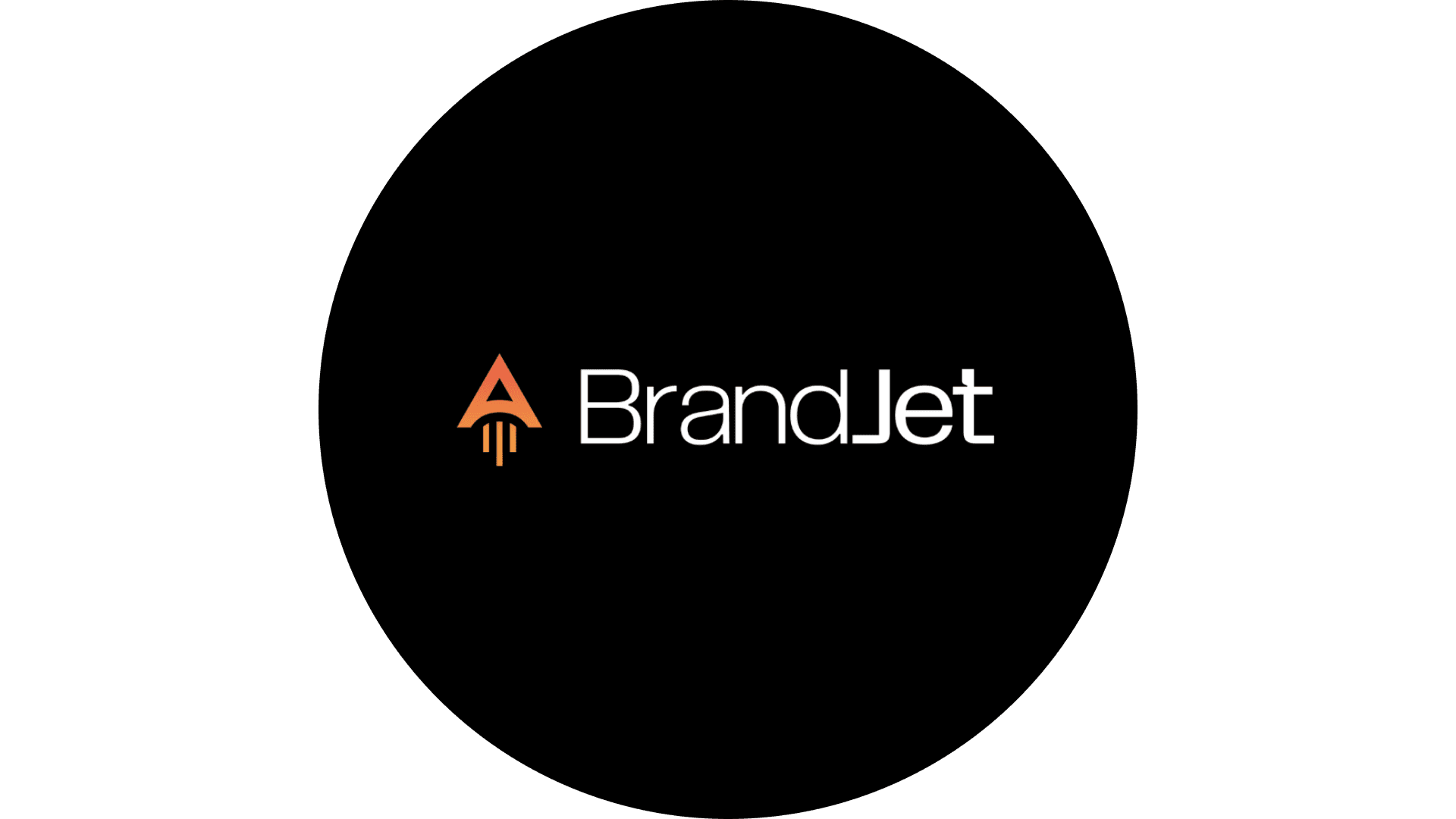 Logo of BrandJet, featuring an orange and white design with a stylized letter 'A' resembling a rocket on a black circular background.