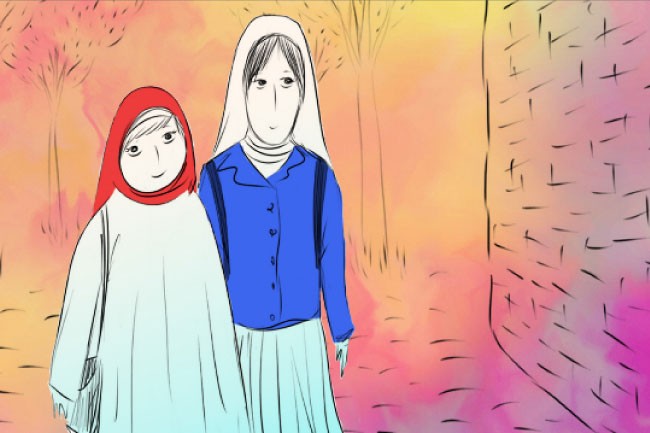 Two figures stand side by side against a gradient background of orange, yellow, and pink hues. The figure on the left wears a red headscarf and a white robe. The figure on the right wears a blue jacket and a white headscarf. Both have dark hair and simple facial features. The background includes sketched tree outlines and a textured wall with diagonal lines.