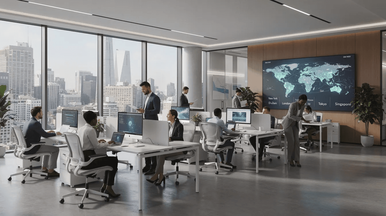 Un bureau moderne d'affaires internationales, avec des espaces de travail ouverts et des équipements technologiques avancés, symbolisant la création d'une société offshore. On y voit des dirigeants d'entreprise discutant des stratégies d'e-commerce et de fiscalité dans un cadre dynamique, typique des Émirats Arabes Unis.