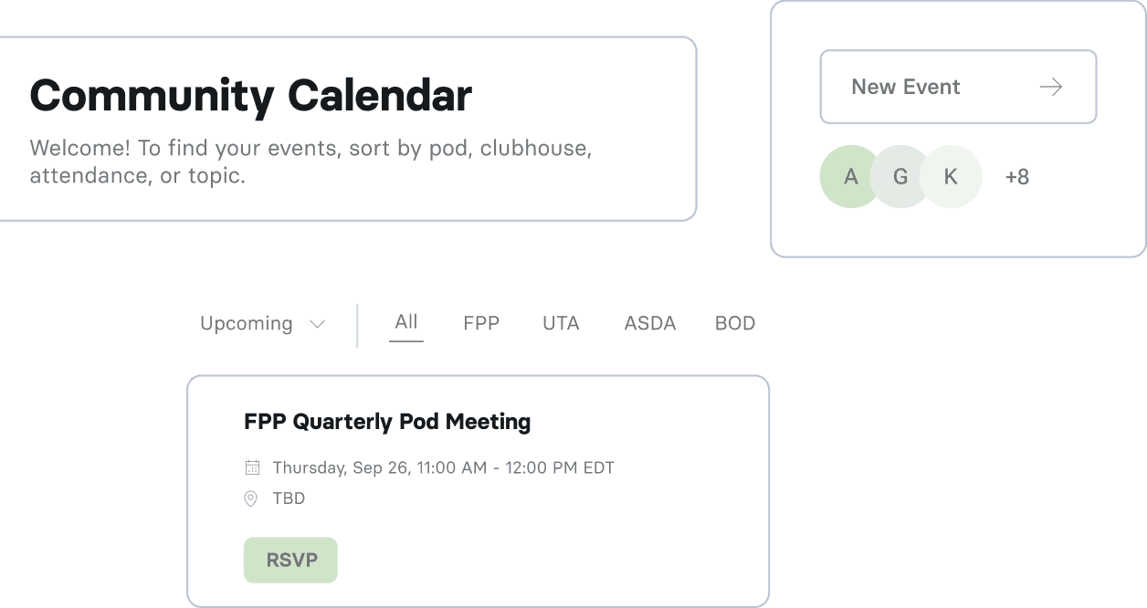 User interface cards that show calendar tools.  Events button to add an event