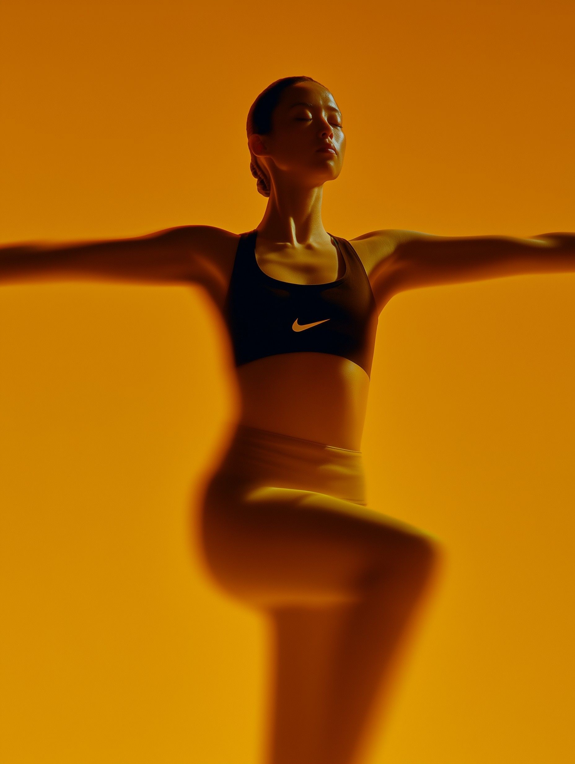 Female athlete in black sports bra arms spread against orange