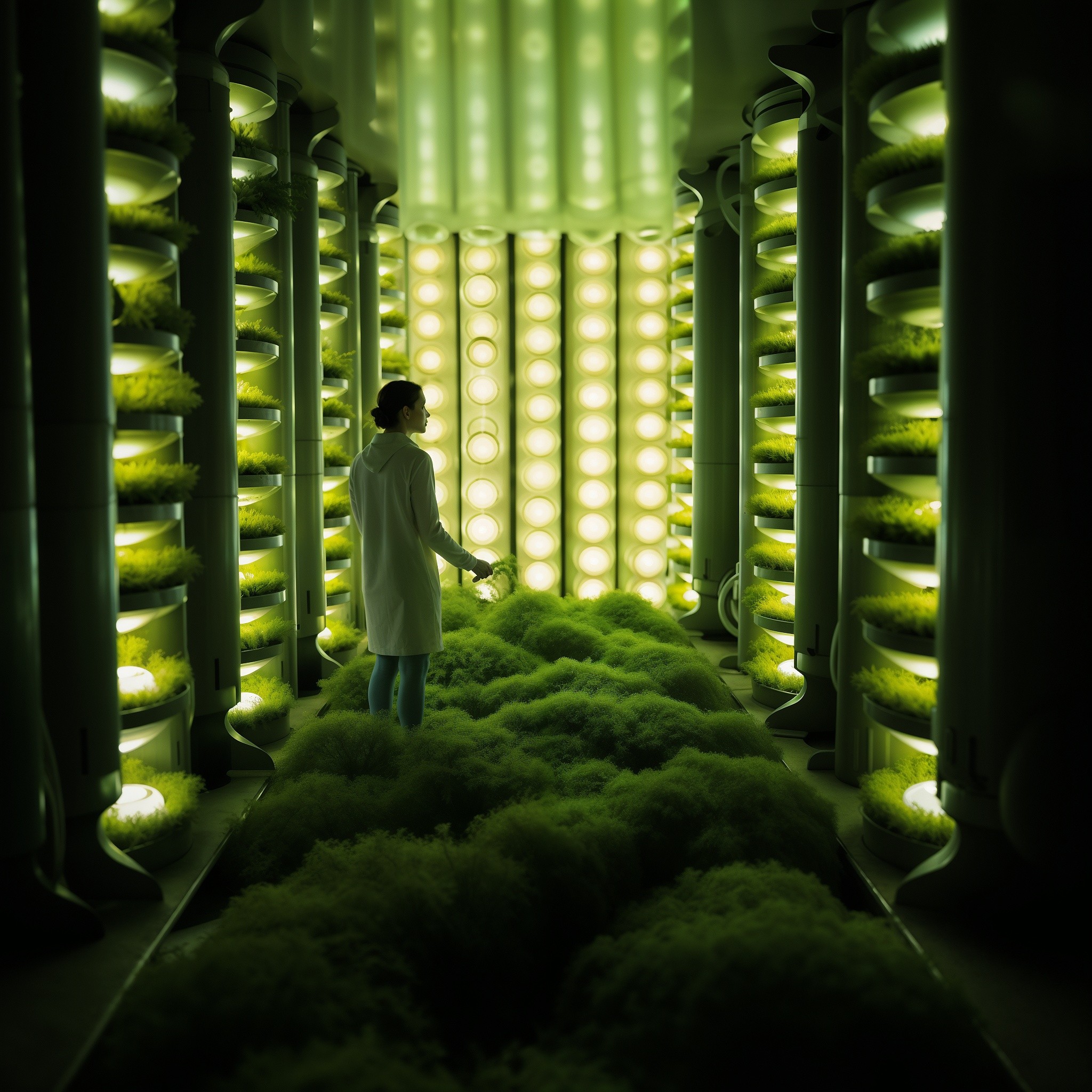 A scientist in a white coat standing in a neon-lit, indoor vertical farm surrounded by cylindrical hydroponic towers growing vibrant green plants.