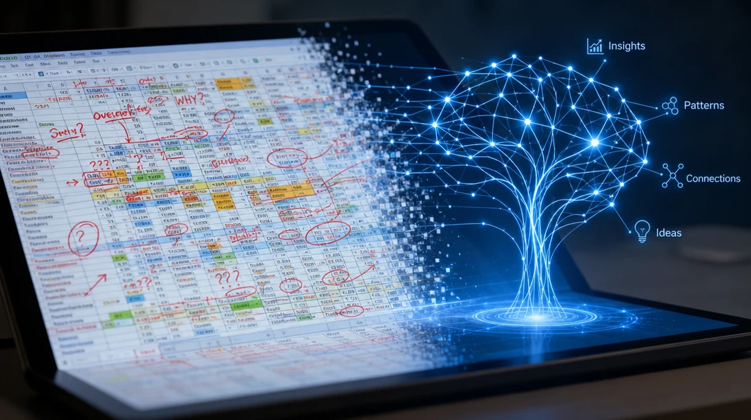 An illustration of messy manual spreadsheets transforming into structured, automated data clusters.