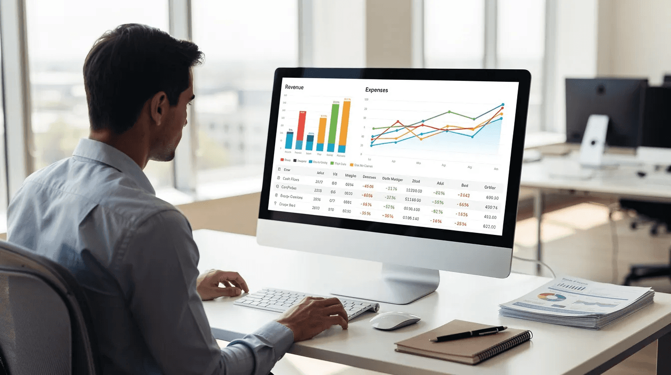 A person is focused on reviewing financial data and cash flow projections displayed on a desktop screen in a bright, professional workspace, highlighting the importance of strategic financial leadership and effective financial management for sustainable growth. The environment suggests a commitment to providing strategic guidance and financial clarity in decision-making processes.