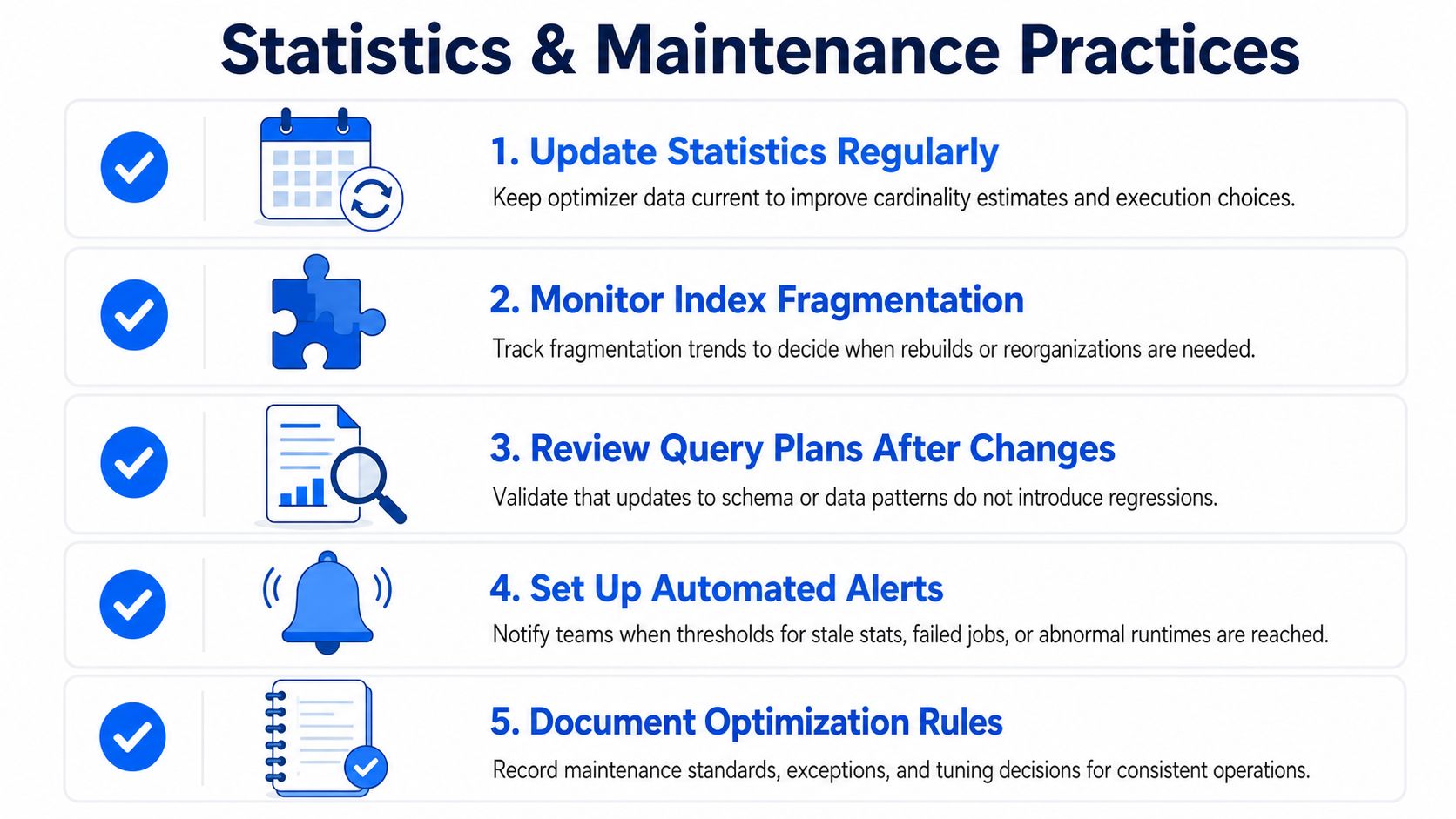 A list of five essential statistics and maintenance practices for optimizing database performance and query efficiency.
