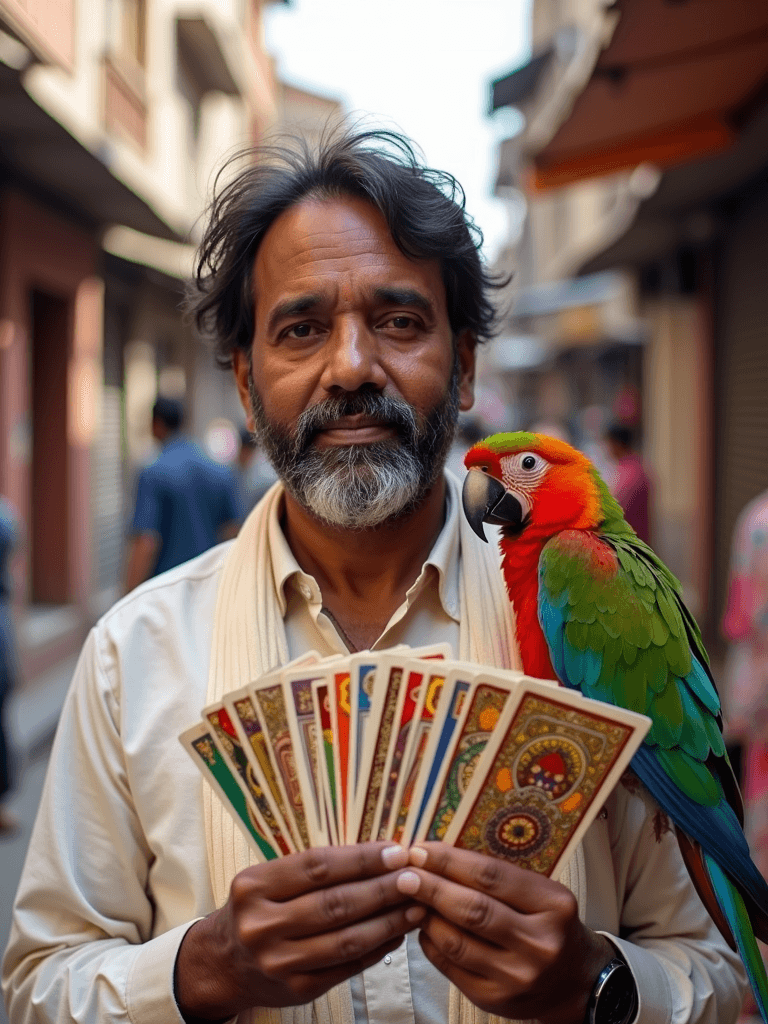 A man holding tarot cards stands on a street, with a colorful parrot perched on his shoulder.