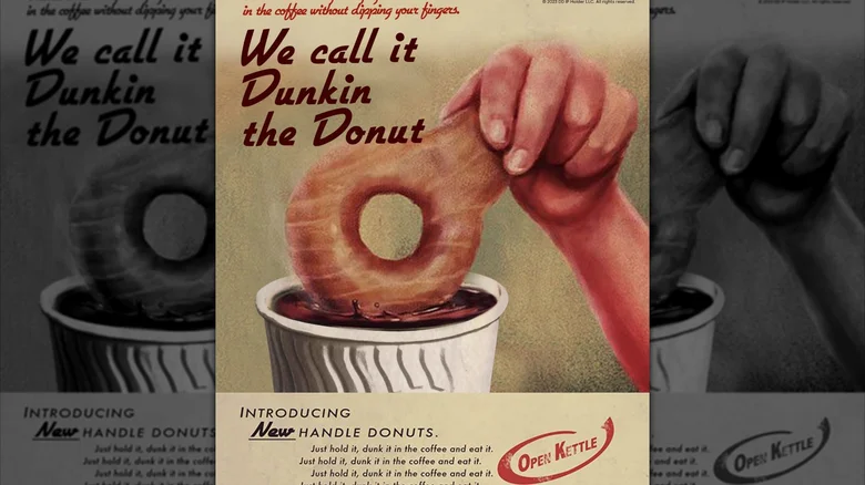 Historic Dunkin’ Donuts ad showcasing the original ‘Dunkin the Donut’ concept with handle donuts and coffee.