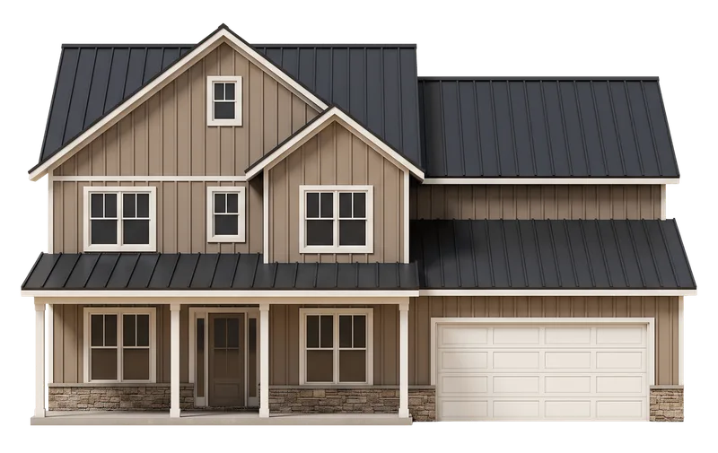 3D rendering of a two-story board-and-batten home with a black metal roof and attached two-car garage