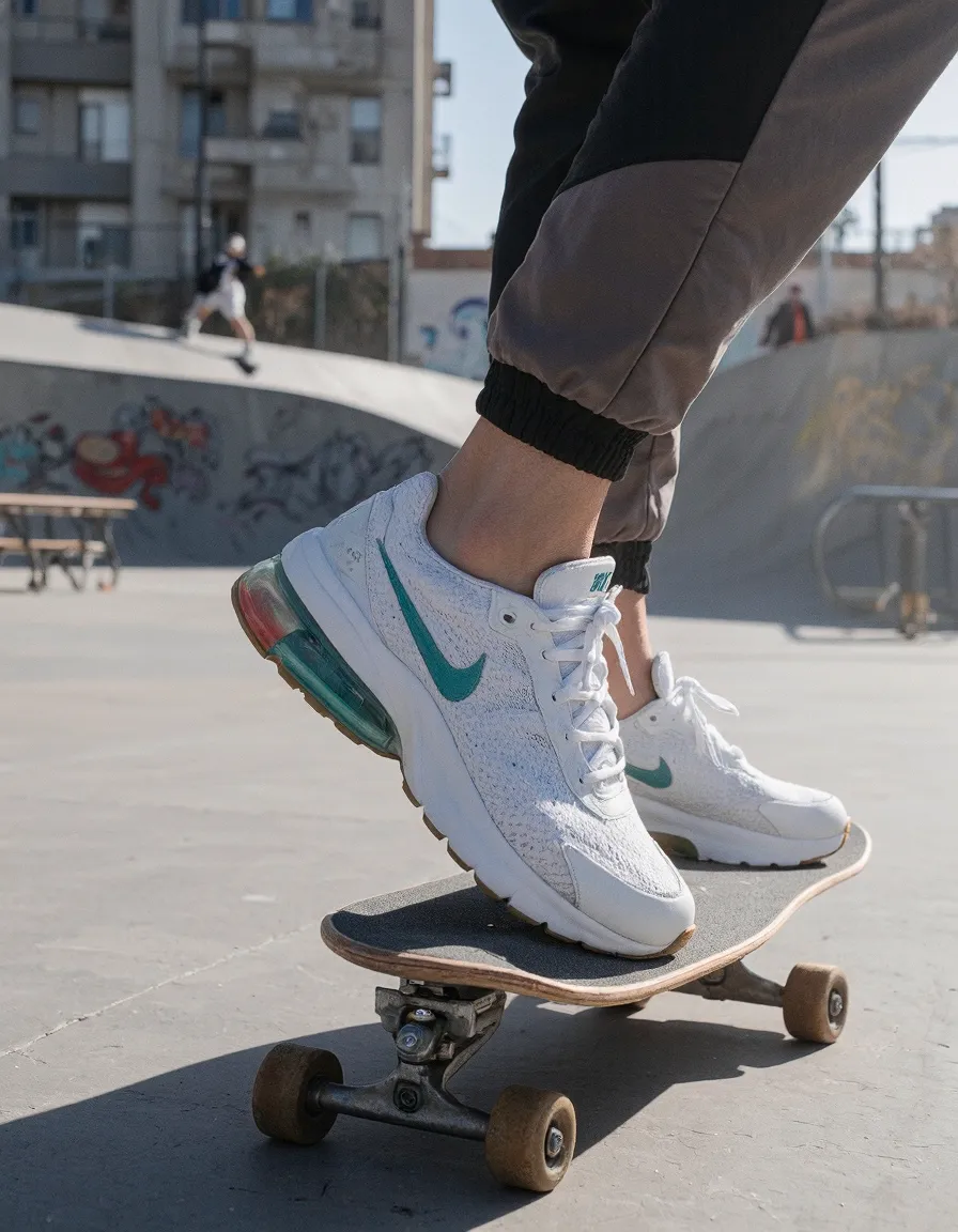 Close-up of white and mint green Nike sneakers on a skateboard at an urban skatepark with graffiti walls and city buildings in background