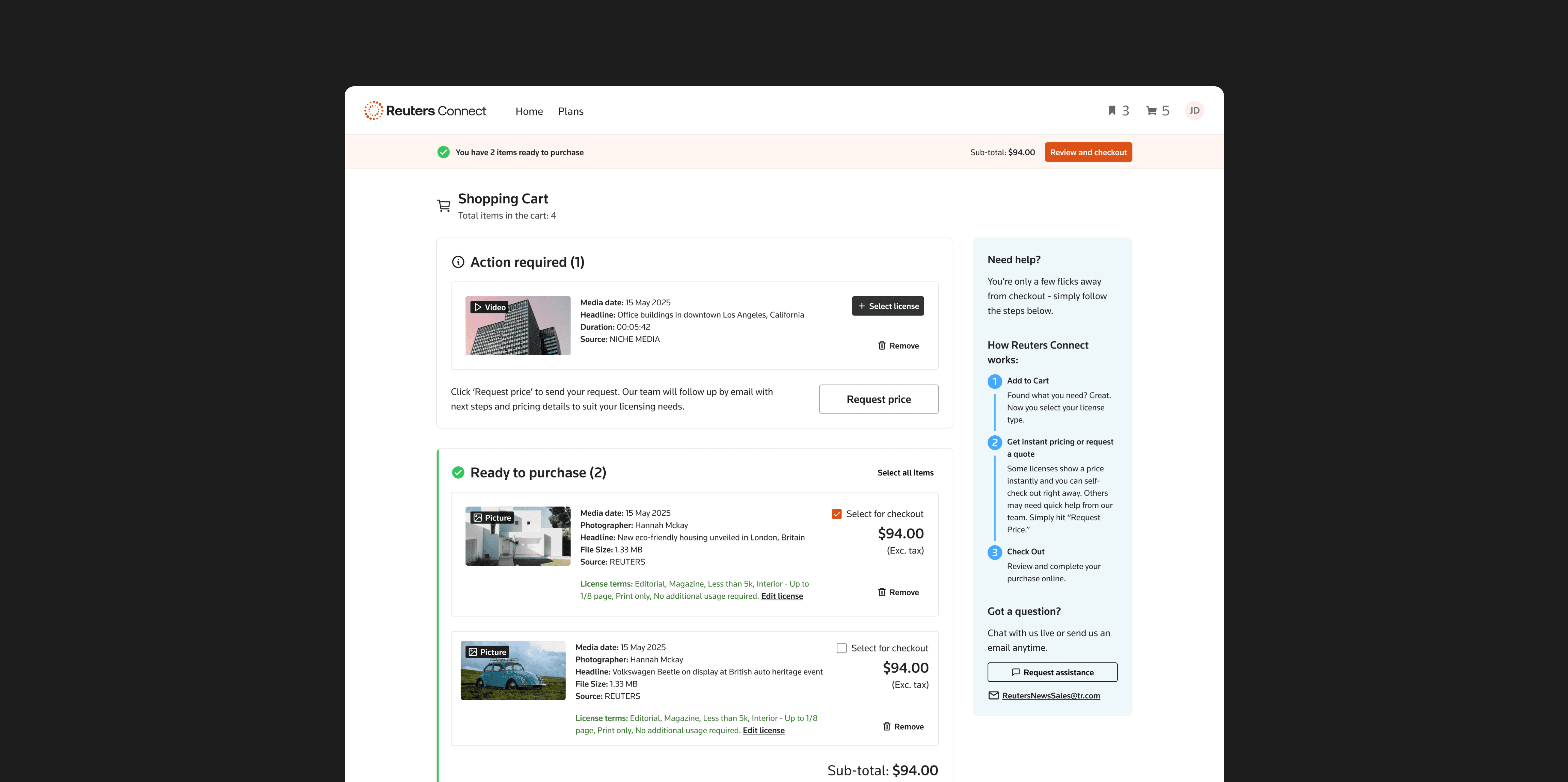 image of a cart page of Reuters Connect