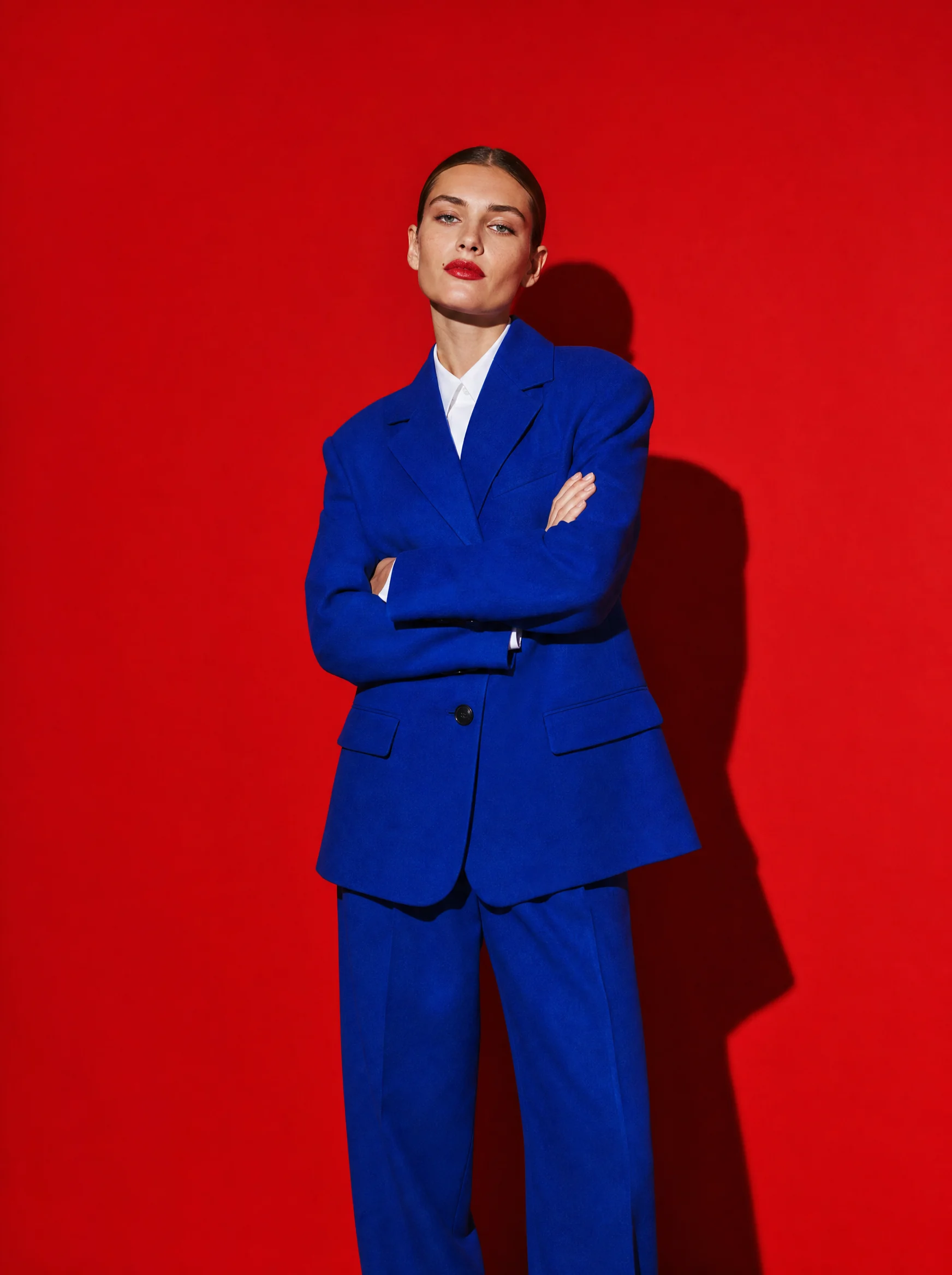 Model in a cobalt suit against a red backdrop, from the Maison Oro campaign