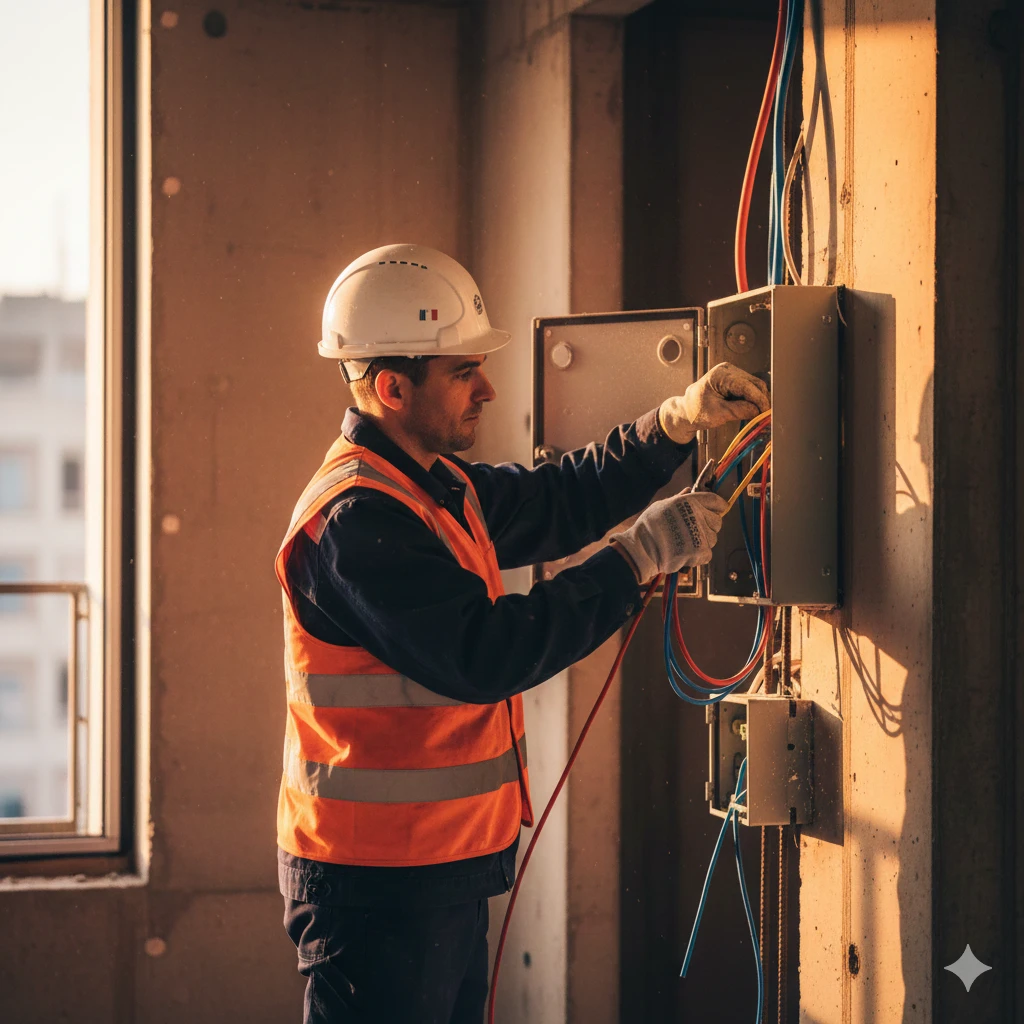 Électricien câblant un tableau électrique sur un chantier de construction