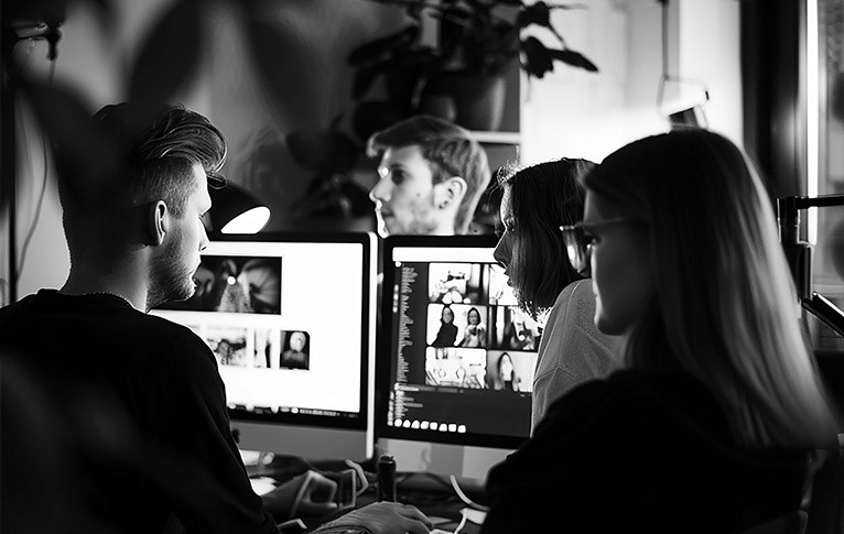 Creative workspace with large windows and a wall full of inspiration boards.
